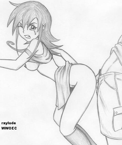 1boy 1girls ambiguous_penetration artist_name crying_with_eyes_open duel_masters female female_focus functionally_nude_female hetero male partial_male raylude sex sex_from_behind skirt_around_belly small_breasts tagme tasogare_mimi wwoec