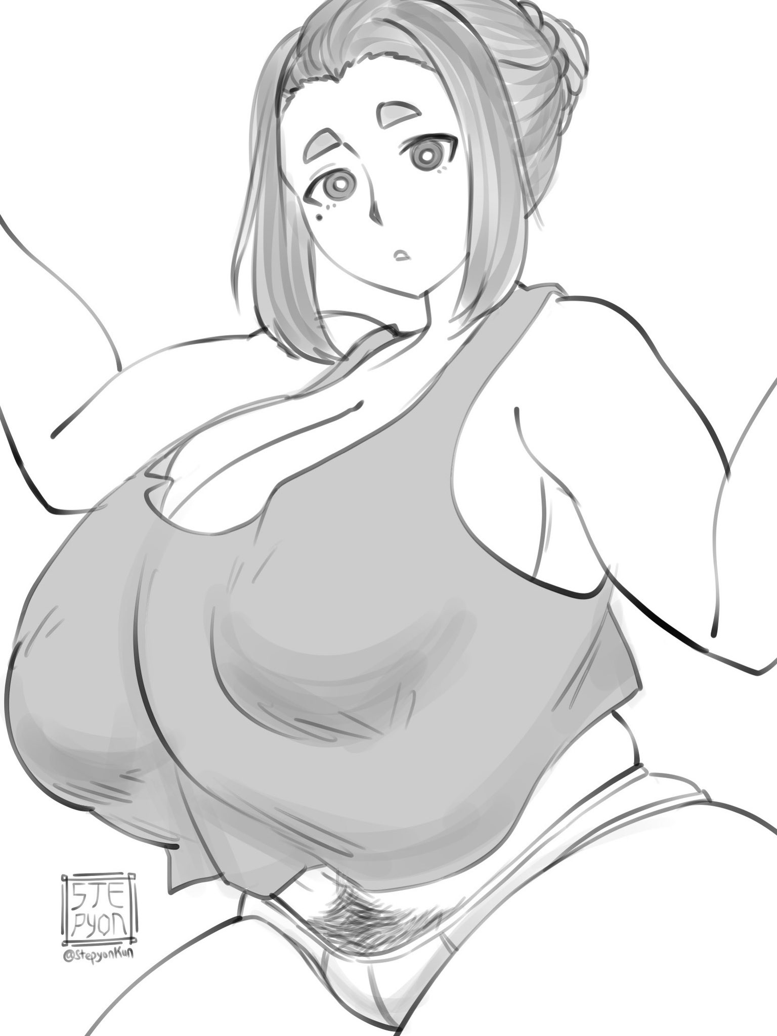 curvy, dot mouth, gigantic breasts, kaii to otome to kamikakushi, mature female, nipple bulge, ogawa sumireko, pubic hair, sketch, stepyon, thick thighs, wide hips