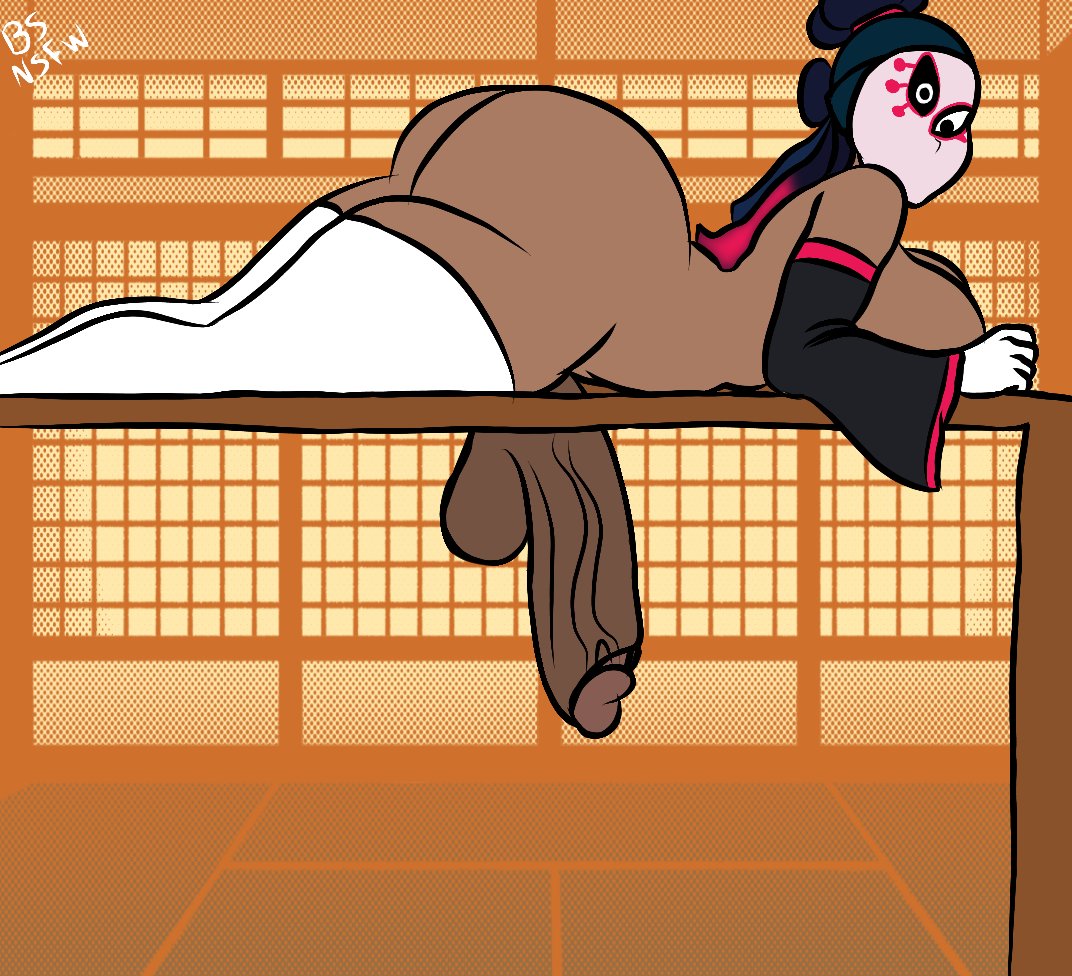 1futa, 2026, ass, balls, big ass, big balls, big breasts, big penis, brawl stars, bsnsfw9 (artist), cock, dark skin, dark-skinned futa, dickgirl, futa, futanari, gloves, hole in table, huge cock, kimono, large breasts, mask, massage table, milking table, penis, shukuteki tara, solo, solo focus, solo futa, tara (brawl stars), veiny penis, voluptuous