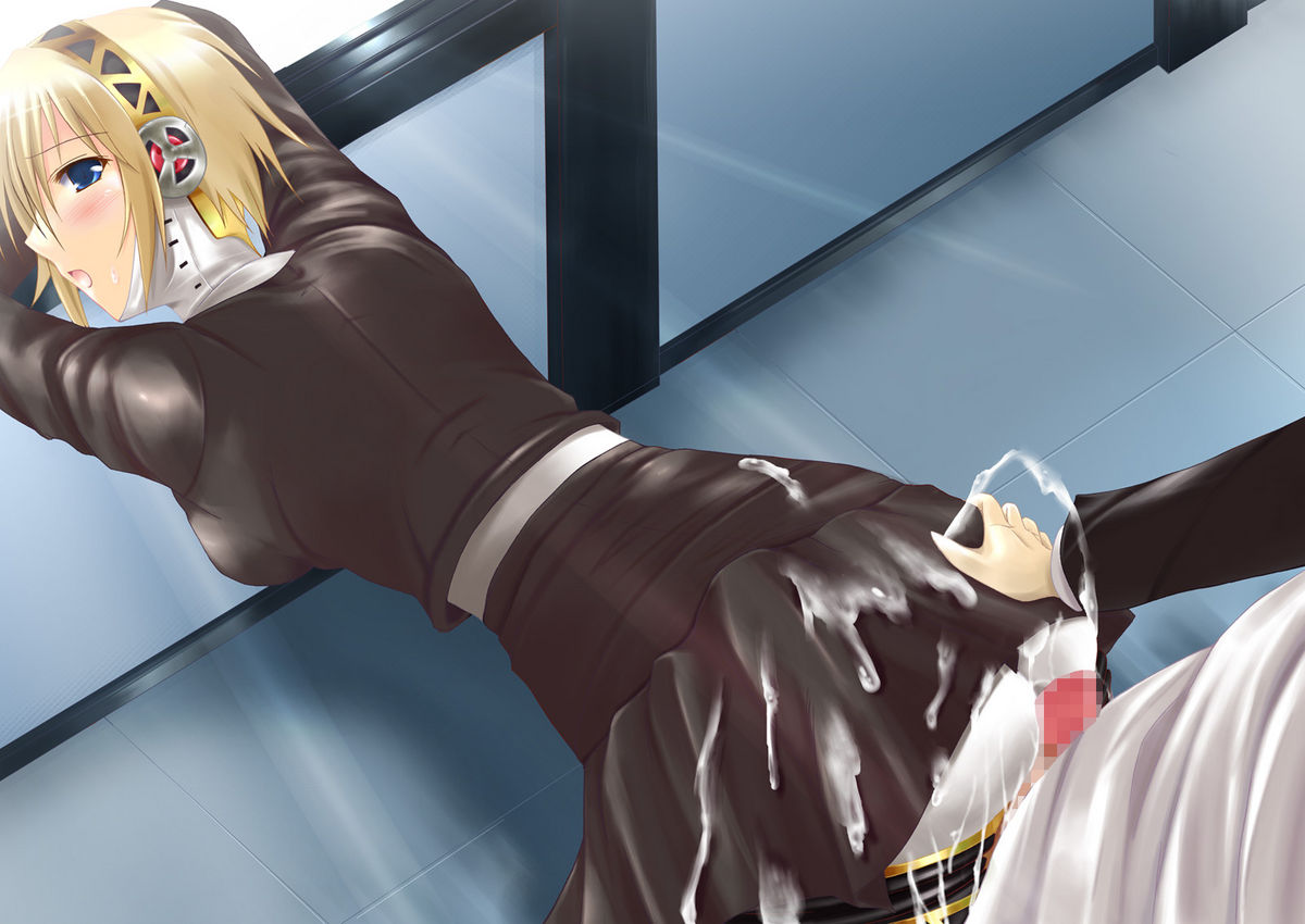 aegis_(persona) aigis_(persona) ass blonde_hair blue_eyes buttjob cum cum_on_clothes female looking_back penis persona persona_3 sex