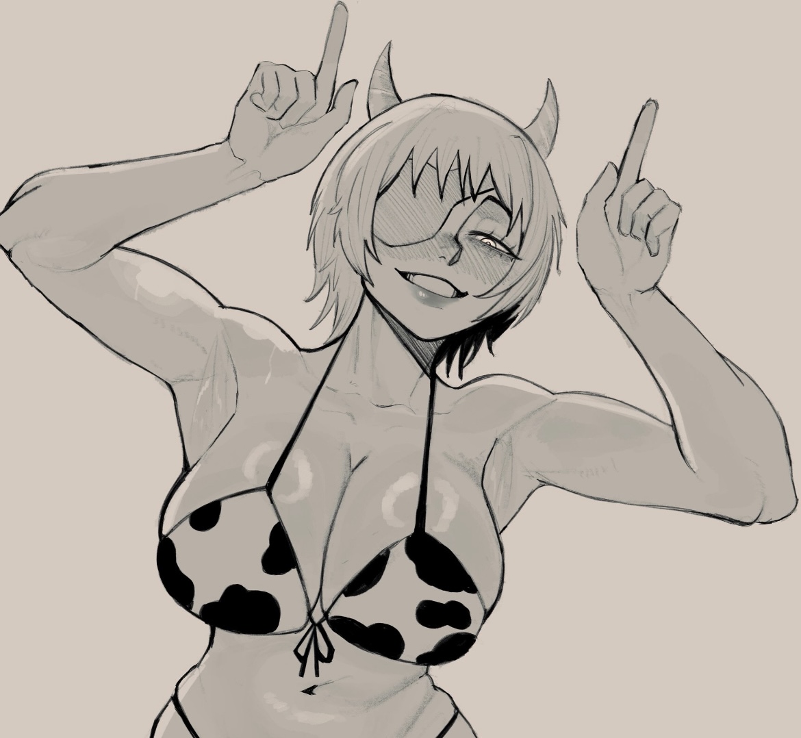 armpits, arms up, big breasts, bikini, breasts, busty female, chainsaw man, cow horns, cow print bikini, cullieon, curvy female, eyepatch, female, female only, himeno (chainsaw man), midriff, short hair