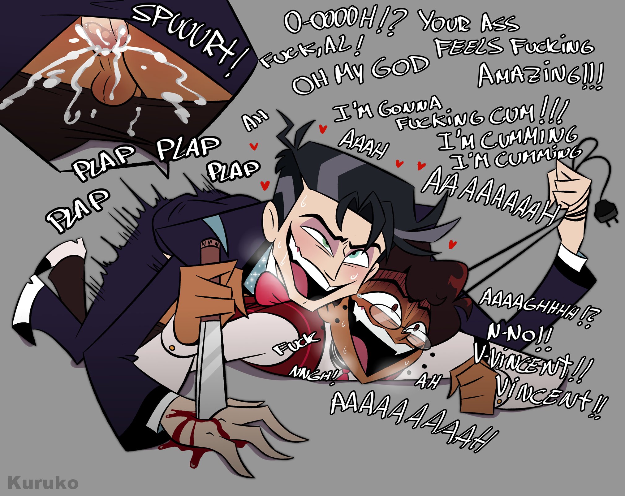 accurate art style, alastor (hazbin hotel), anal, balls, blood, blood drip, choking, choking while penetrating, cum, cum in ass, cum inside, cumming, cumming while penetrating, dialogue, dubious consent, forced, gay, grey background, hazbin hotel, hellaverse, human alastor (hazbin hotel), human vox (hazbin hotel), kuruko, male, male only, male penetrating, male penetrating male, male/male, penis, plap (sound), rape, stab wound, stabbed, struggling, vox (hazbin hotel), yaoi