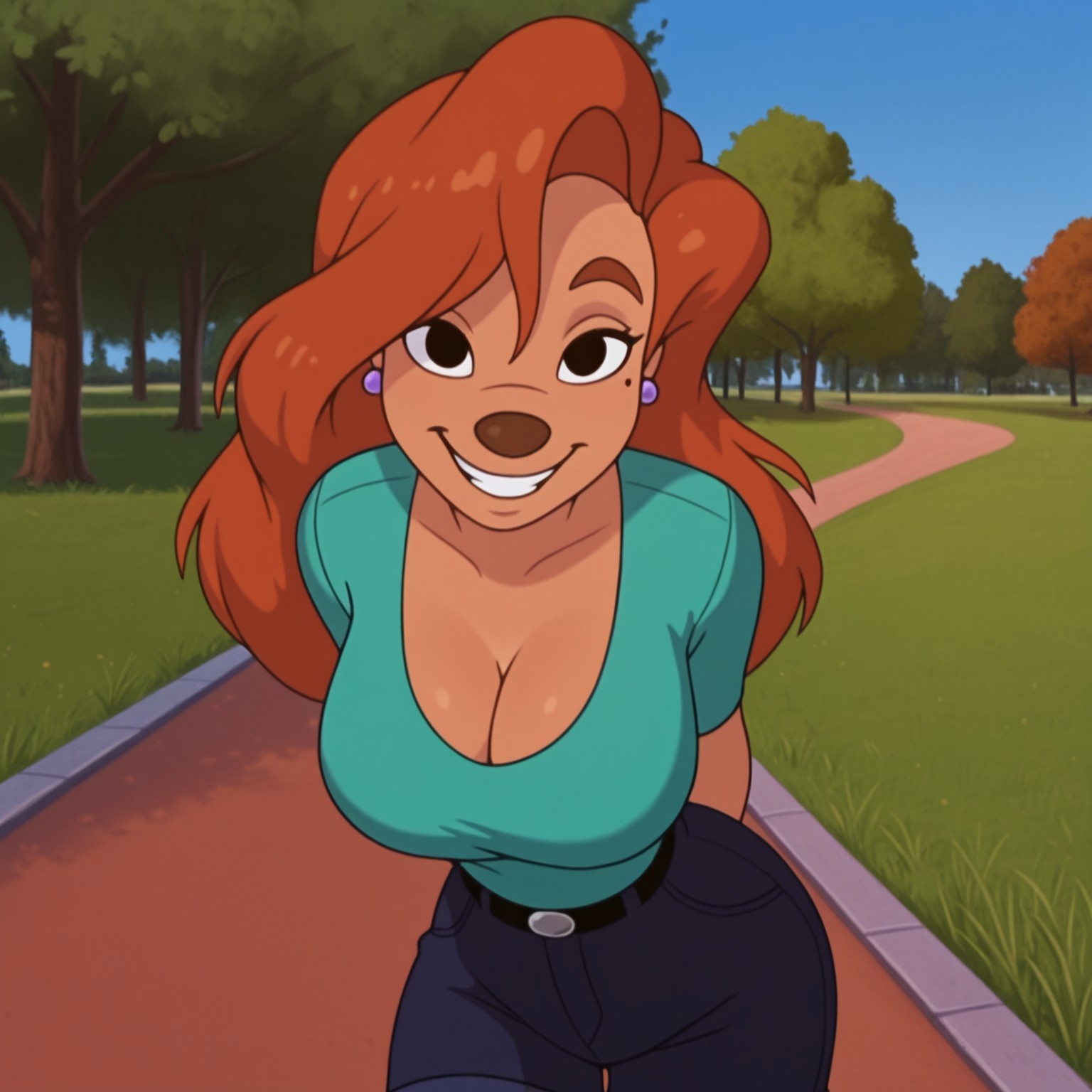 1female, 1girls, 2025, 2025s, 5 fingers, afternoon, ai, ai art, ai assisted, ai generated, ai-created, anthro, anthro female, anthrofied, arms behind back, belt, belt buckle, big breasts, black eyes, black nose, blue jean shorts, blue jeans, blue legwear, blue pants, blue shorts, blue sky, breasts, brown eyebrows, canid, canine, canis, civitai, cleavage, clothed, clothing, day, daytime, detailed background, disney, dog girl, dog humanoid, dog nose, doggirl, domestic dog, earring, earrings, eyebrows, eyelashes, female, female anthro, female focus, female only, fingers, fur, furkamidood, furry, furry female, ginger, ginger hair, goof troop, grass, green clothing, green shirt, green topwear, hair, hands behind back, high quality, high resolution, highres, huge breasts, illustrious (stable diffusion), jeans, jeans shorts, large breasts, leaning forward, light purple earring, light purple earrings, long hair, looking at viewer, mammal, medium hair, mole, mole (marking), mole under eye, no humans, orange hair, outdoors, park, pony diffusion (model), pony diffusion xl, purple earrings, red hair, red head, redhair, redhead female, roxanne (goof troop), seductive, seductive body, seductive eyes, seductive look, seductive mouth, seductive smile, shirt, shoulder length hair, sky, smile, smiling, smiling at viewer, solo, solo female, solo focus, stable diffusion, standing, tan body, tan skin, teeth, thick thighs, thighs, tree, trees, tucked shirt, wide hips