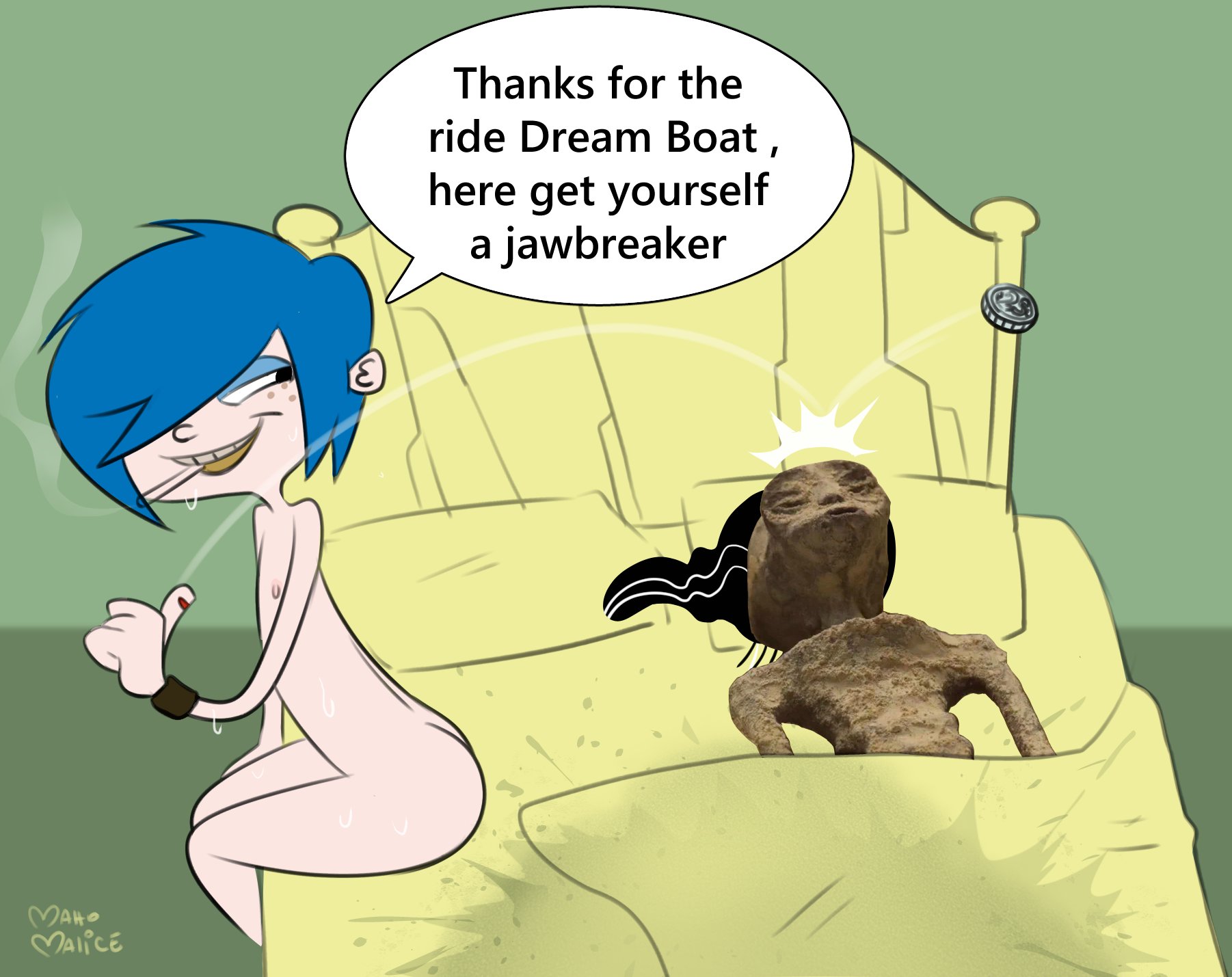 1boy, 1boy1girl, 1girls, 2025, 2d, 2d (artwork), after sex, artist name, bed, bedroom, bedsheets, blue hair, blue hair female, blue-haired female, cigarette, cigarette in mouth, coin, dialogue, dialogue bubble, double d, ed edd n eddy, edd, female, flat chest, flat chested, freckles, freckles on face, guy tired after sex (meme), hair covering eye, hair covering one eye, humor, maho malice, male, marie kanker, meme, mexico alien, more at source, myahogao, on bed, quarter, smoking, smoking cigarette, straight, sweat, text, text bubble, tired