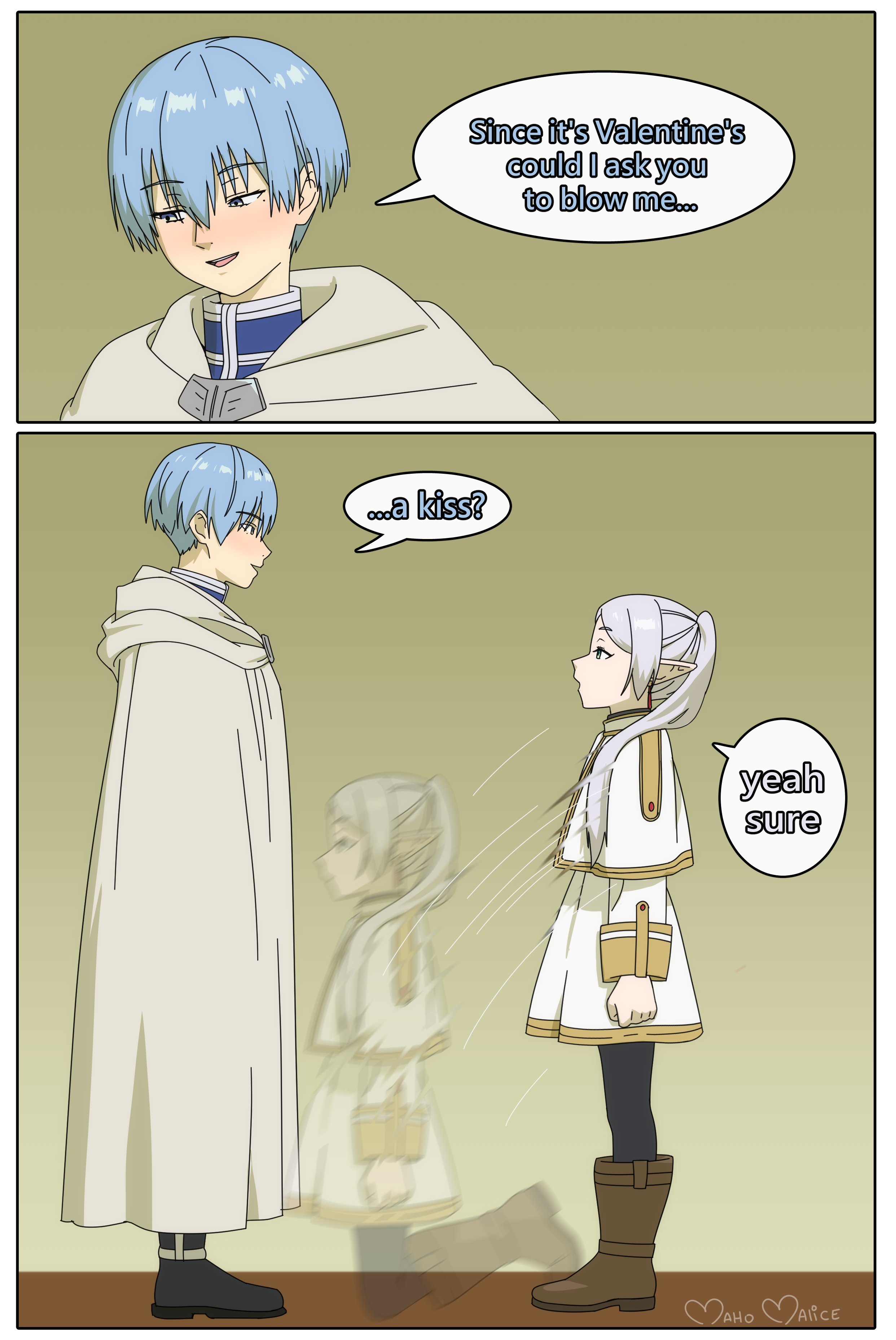 1boy, 1boy1girl, 1girls, 2025, 2d, 2d (artwork), 2koma, artist name, blue hair, blue hair male, blue-haired male, blush, boots, comedy, dialogue, elf, elf ears, elf girl, frieren, himmel (sousou no frieren), humor, kneeling oral position, maho malice, meme, motion blur, motion lines, myahogao, no sex, one page comic, sousou no frieren, text, text bubble, white hair, white hair female, white-haired female