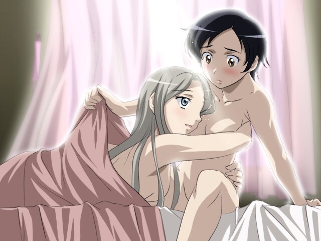 2girls bed bed_sheet black_hair blood+ blush brown_eyes female hug multiple_girls naked_sheet nude otonashi_saya rasputin_(blood+) sanshita short_hair sonja_(blood+) yuri