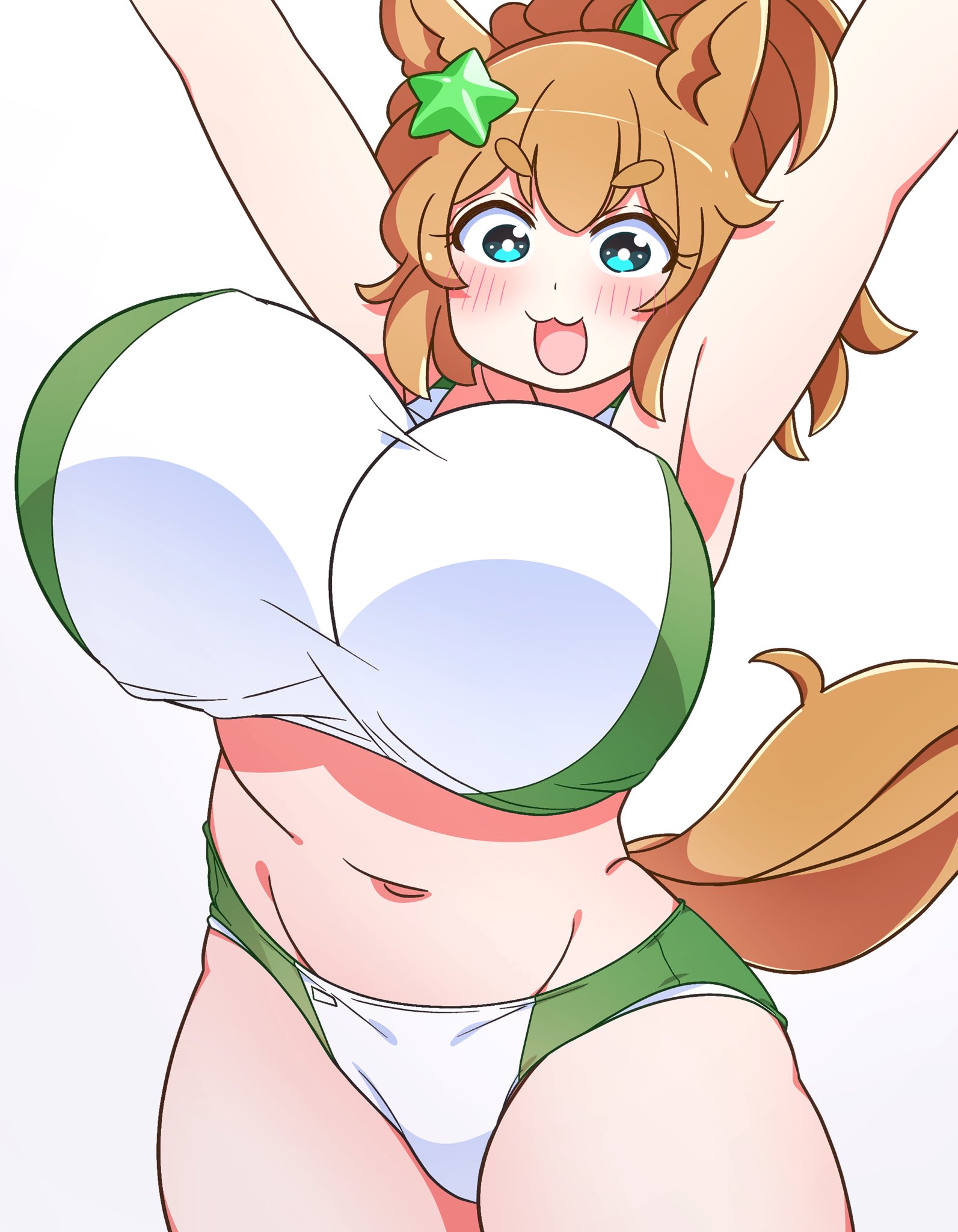 1girls, 2026, animal ears, animal tail, arms up, big breasts, blue eyes, blush, breasts, brown hair, clothed, clothing, color, colored, female, female only, hair, happy, happy female, hi res, huge breasts, kaijin debeso, open mouth, partially clothed, simple background, smile, solo, stomach, taiki shuttle (umamusume), tail, thick thighs, thighs, umamusume, umamusume pretty derby, white background