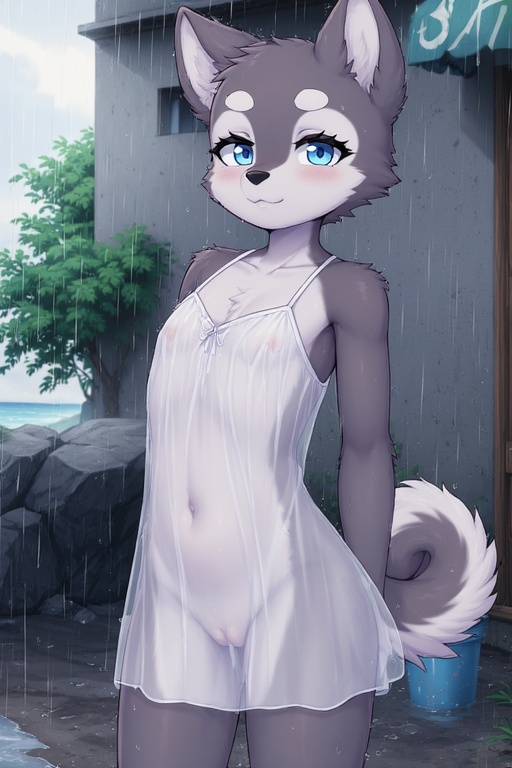 1female, 1girls, ai generated, anthro, blue eyes, canine, cub, domestic dog, female, female only, flat chest, furry, furry female, furry only, grey body, husky, nipples, nipples visible through clothing, no panties, pussy, pussy visible through clothes, raining, young