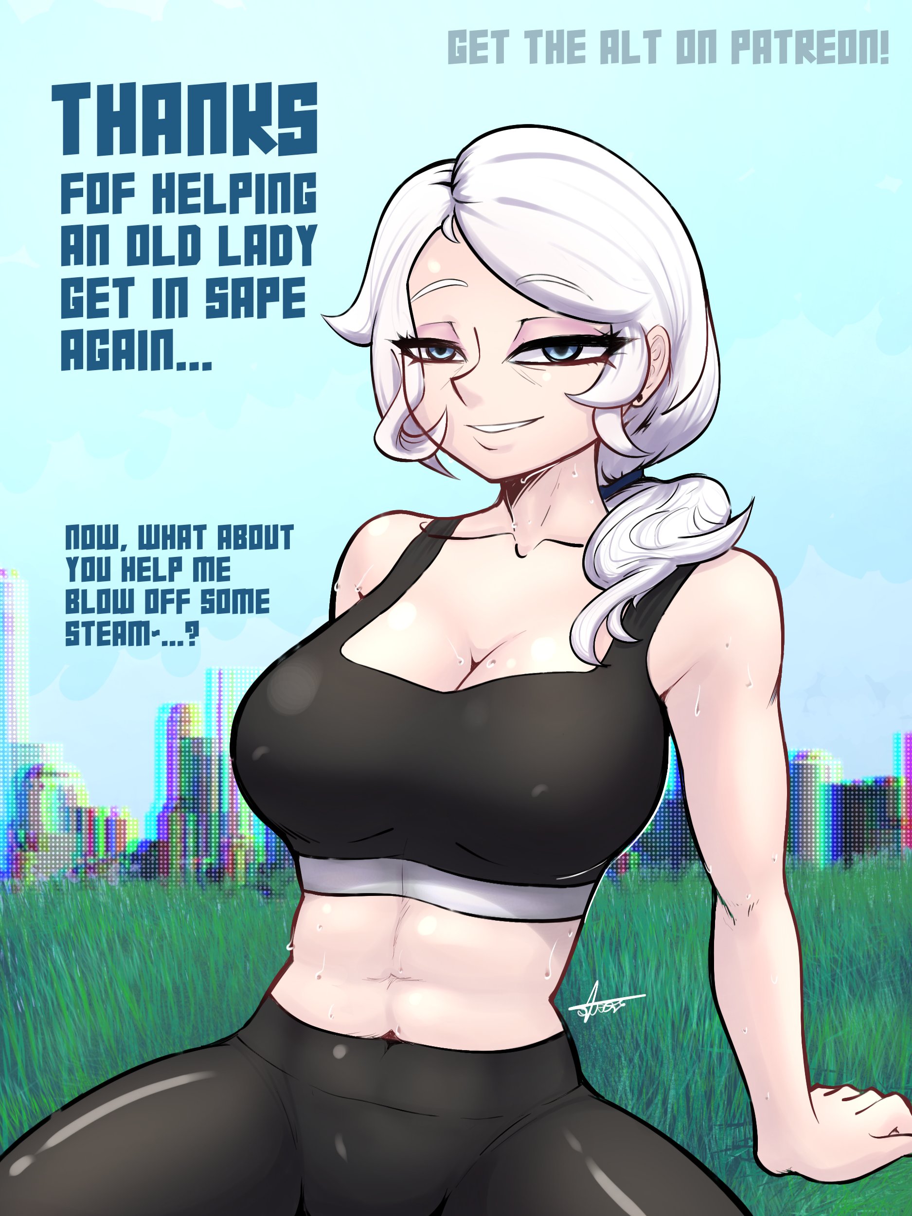 1girls, 2026, 2d, 2d (artwork), 3:4, artist signature, big breasts, black pants, blue eyes, bottomwear, breasts, city background, cityscape, cleavage, clothing, ear piercing, earrings, english, english text, female, female only, fit, fit female, hair, half-closed eyes, huge breasts, human, human only, imminent sex, large breasts, leggings, looking at viewer, mature, mature female, mature woman, midriff, milf, mother, pale skin, pale-skinned female, pants, ponytail, questionable, rwby, siroapollo, smile, smiling at viewer, solo, solo female, spandex, spandex clothes, spandex legwear, sports bra, sports uniform, sportswear, sweat, sweatdrop, talking to viewer, text, topwear, white hair, willow schnee