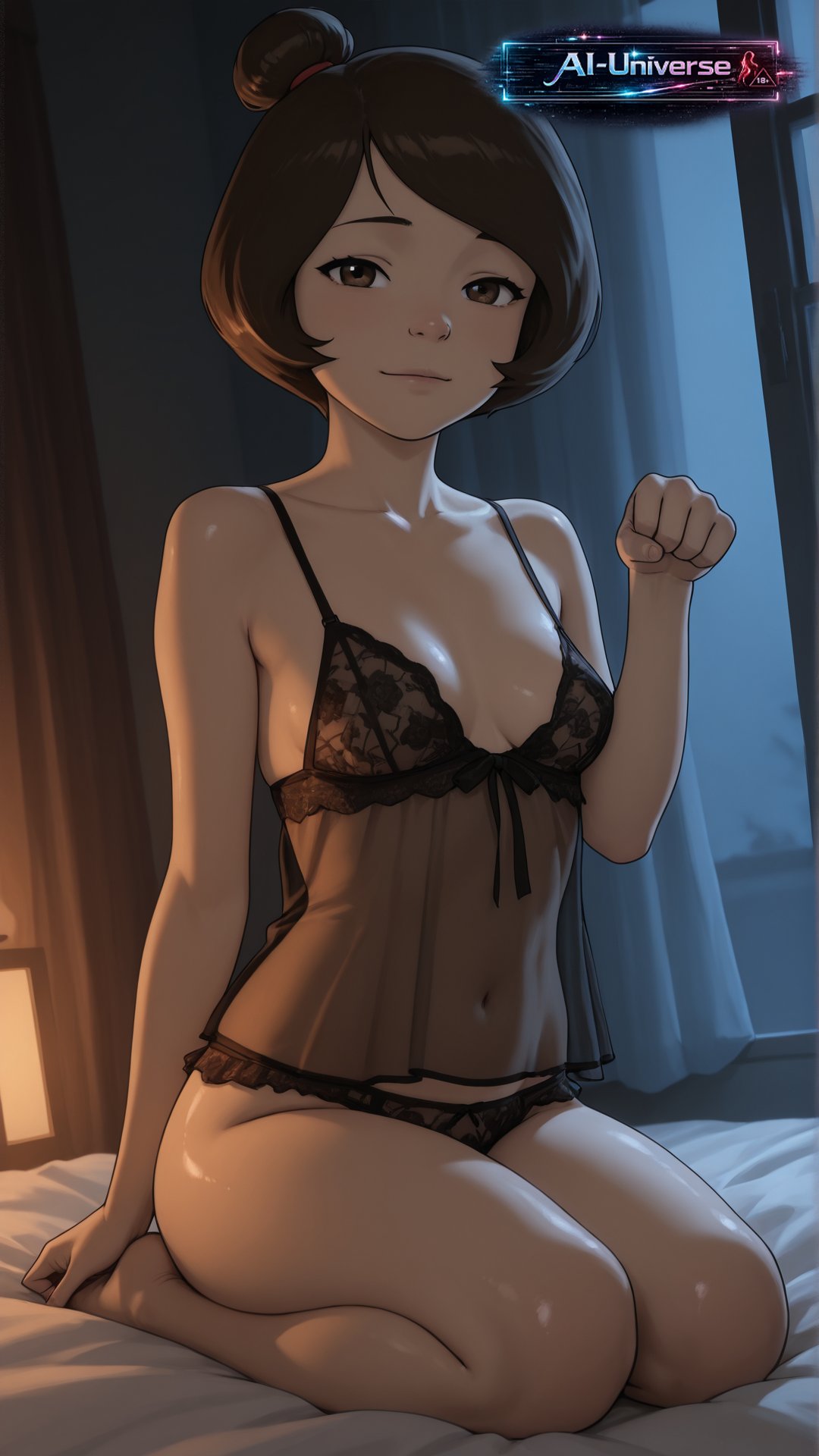 1girls, ai generated, aiuniverse56, avatar the last airbender, brown hair, cartoon, female, female only, hair bun, jinora, lace lingerie, lingerie, paw pose, shiny skin, short hair, sitting on knees, small breasts, solo, stable diffusion, the legend of korra, translucent clothing, translucent underwear, transparent clothing, transparent lingerie, underwear