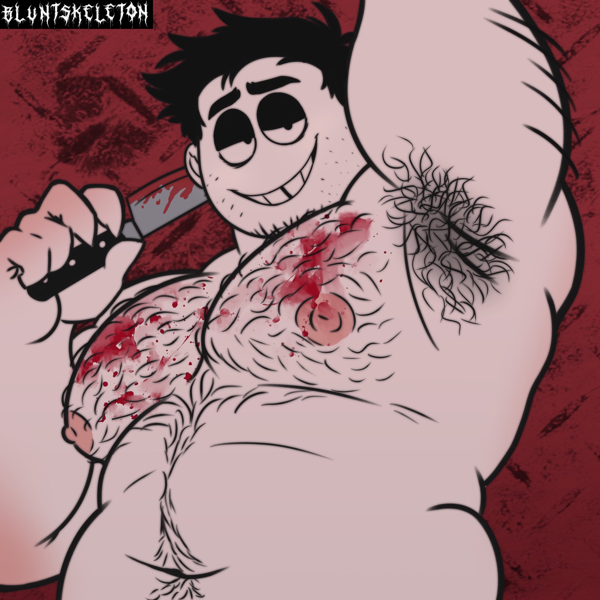 armpit fetish, bara, blood, blood on face, blood stain, bluntskeleton (artist), bob velseb, buff, buff male, chubby, fat, gay, grin, hairy armpits, hairy male, implied murder, knife, male, male only, muscular, musk, musky armpit, overweight, red background, spooky month, stubble, sweaty armpits, white body