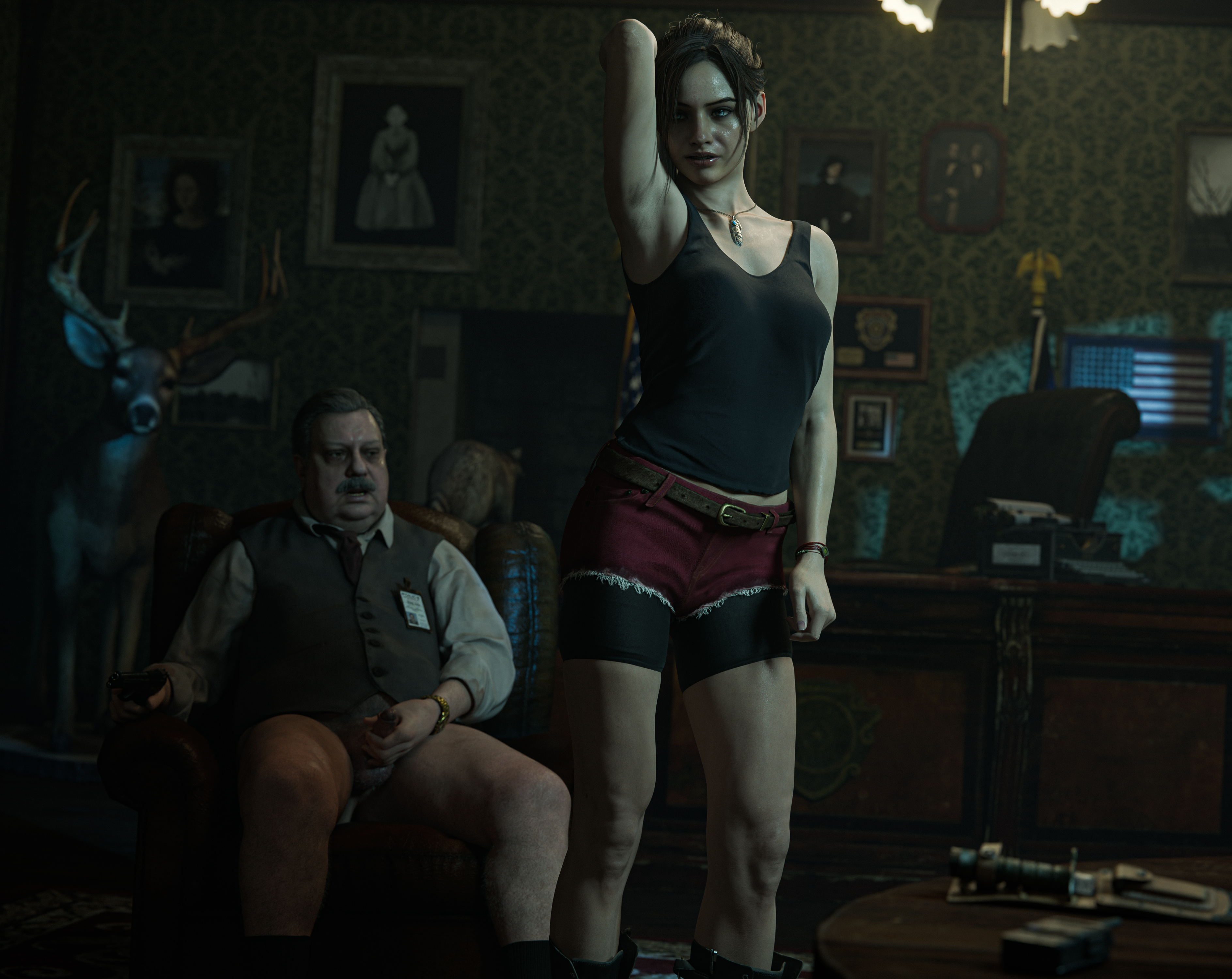 1boy1girl, 3d, blender, brian irons, claire redfield, claire redfield (jordan mcewen), fat male, foc follet, looking at partner, masturbation, necklace, older male, older male and younger female, resident evil, resident evil 2, resident evil 2 remake, shorts, young, younger female