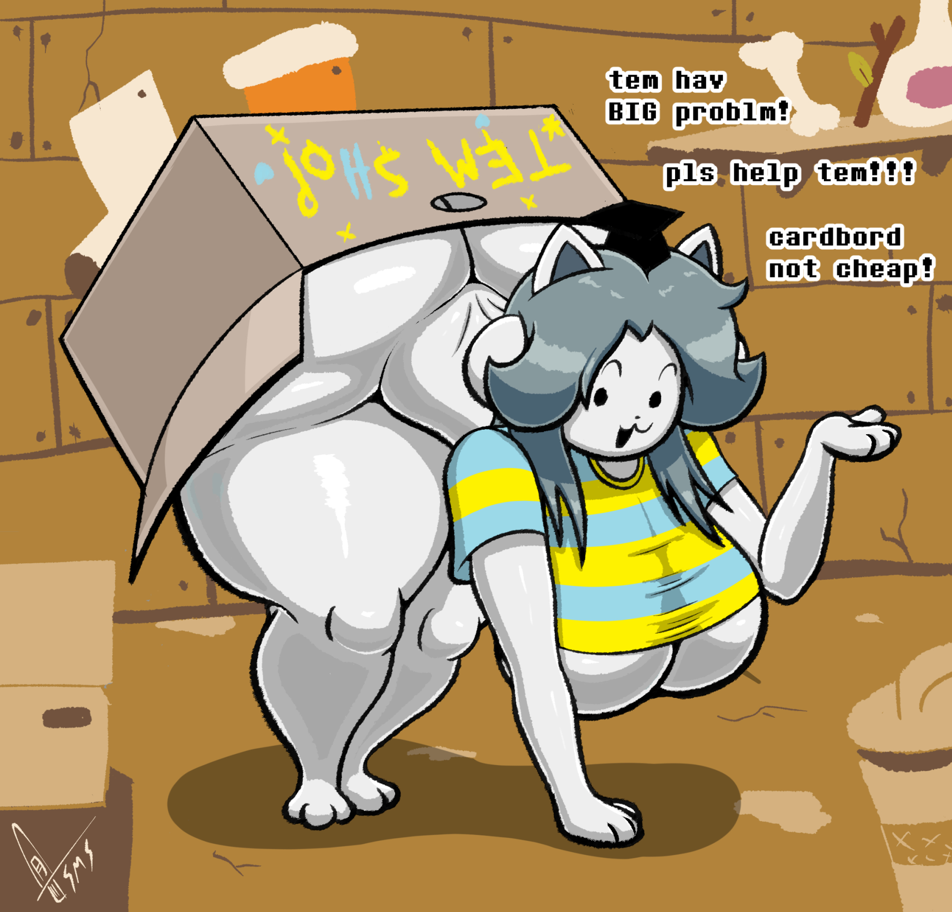 1girls, alternate version available, ass, ass bigger than head, ass up, box, canine, cardboard box, cat ears, dialogue, feline, female, female focus, female only, furry, grey hair, illeism, paws, shortstack, striped clothing, supermoonshroom, tagme, temmie, temmie (undertale), twitter link, underboob, undertale, white skin
