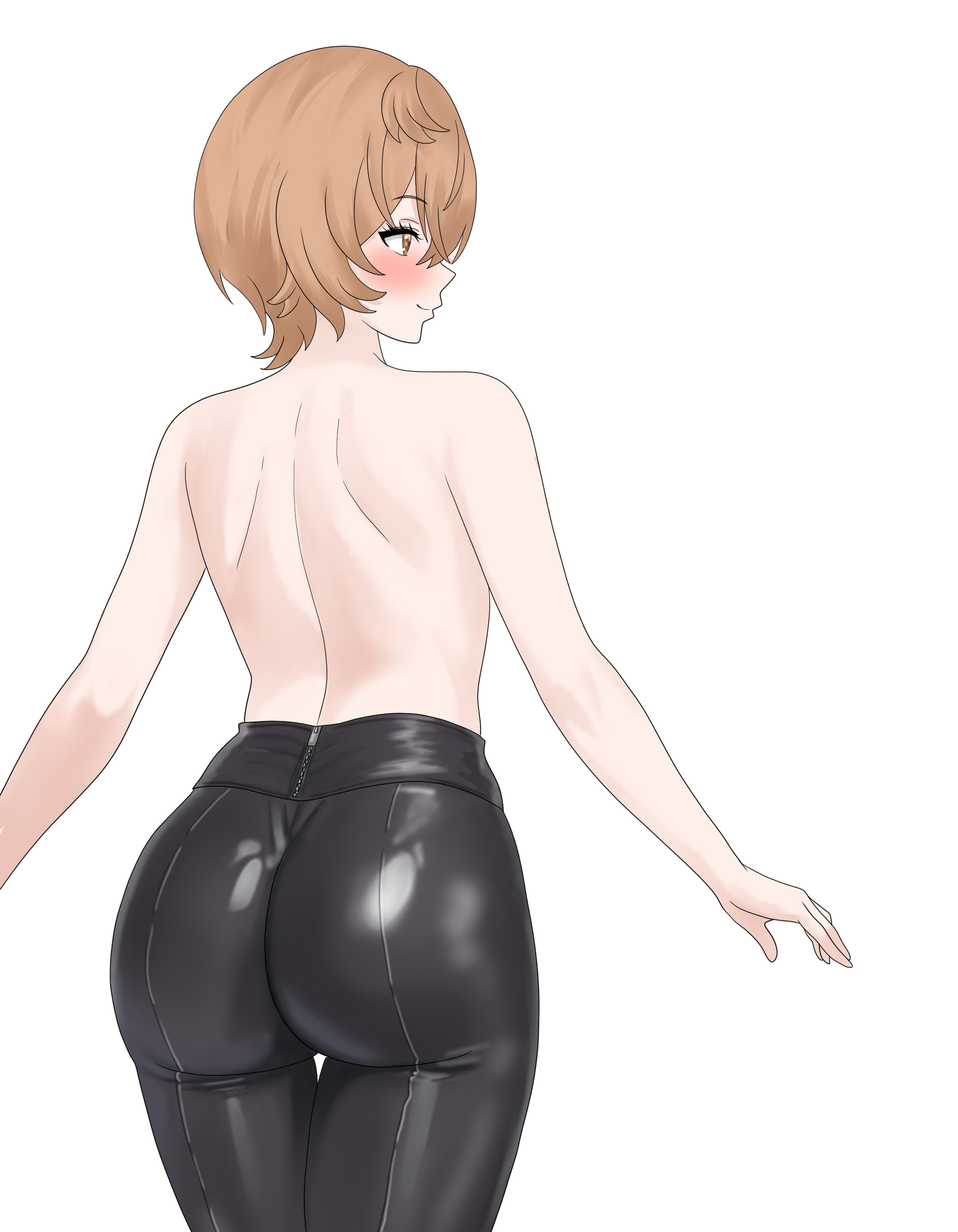 1girls, absurdres, ass, ass focus, back, big ass, blush, brown eyes, brown hair, clio aite, fat ass, female, female only, flat chest, hag, hair between eyes, highres, huge ass, ivan ramirez, leather, leather pants, mature, mature female, older female, pants, phase connect, phase invaders quest, short hair, simple background, teacher, tight clothes, tight pants, topless female, virtual youtuber, vtuber, white background