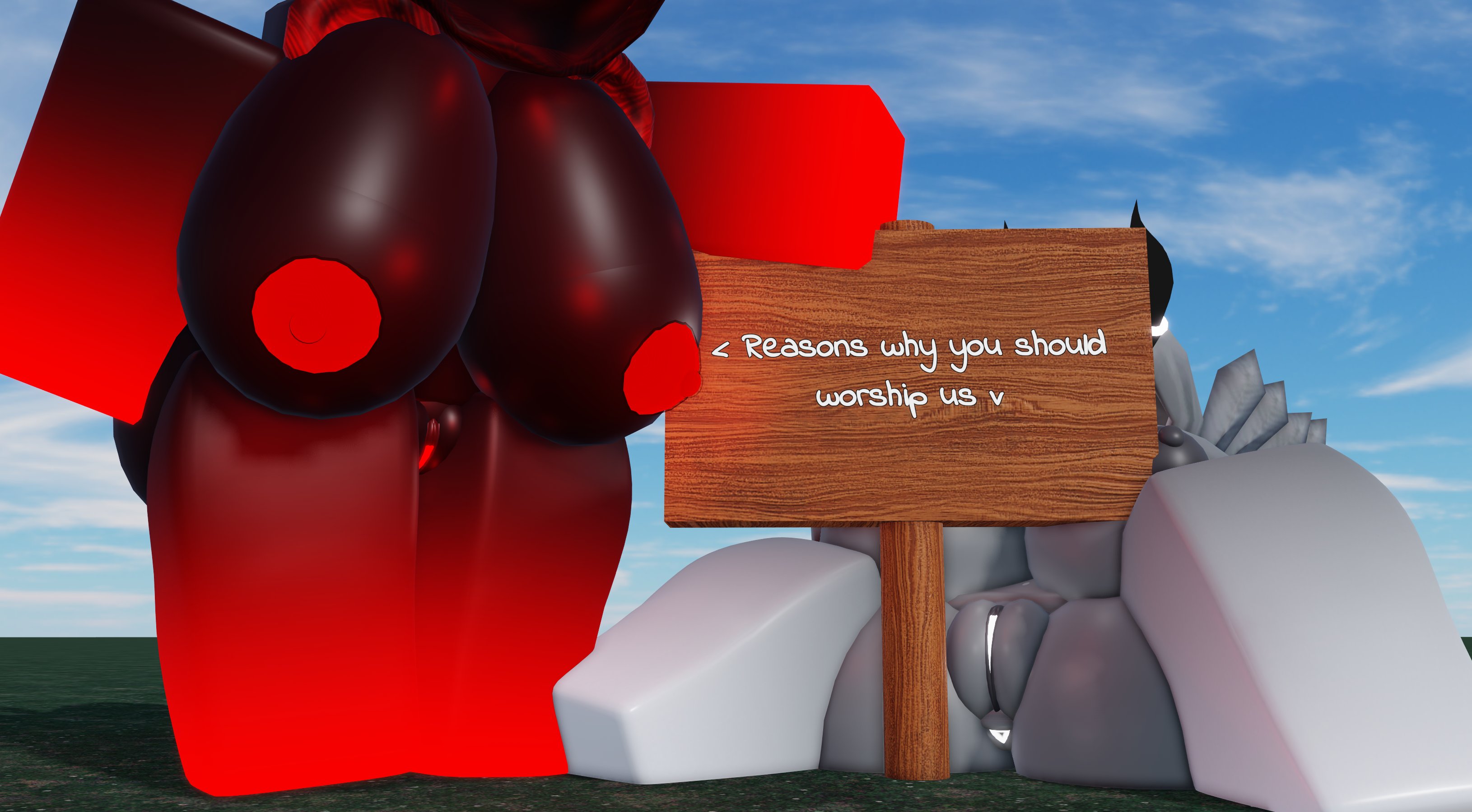 2girls, 3d, anus, ass, big ass, big breasts, breasts, chaos (lampshaderr34), dominus, english text, female, female only, goddess, horn, horns, lampshaderr34, original character, original characters, pussy, roblox, robloxian, sign, tagme, text, thick thighs, thighs, vagina