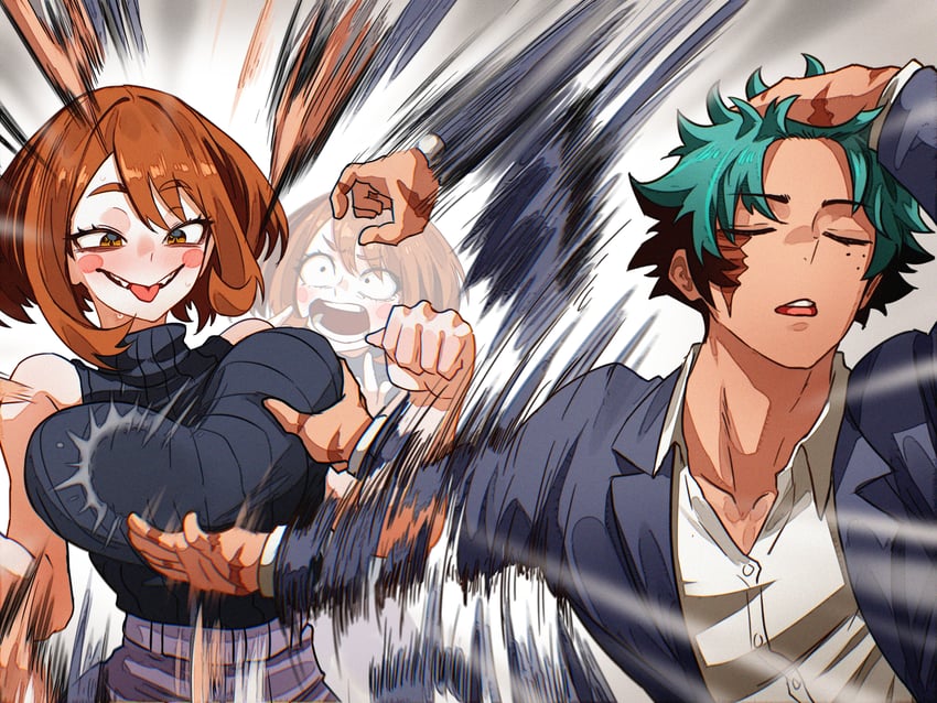 1boy, 2026, 2d, 2d (artwork), 2girls, adjusting hair, boku no hero academia, boku no hero academia (finale), brown hair, brown-haired female, ghost, ghost girl, green hair, green-haired male, hand on breast, himiko toga, illustration, izuku midoriya, meme, midoriya izuku, my hero academia, my hero academia (finale), naoya hair flip, no sex, ochako uraraka, possession, post-timeskip, powers, quirk (mha), quirk usage, straight, toga himiko, transformation, uraraka ochaco, uraraka ochako, vlizz