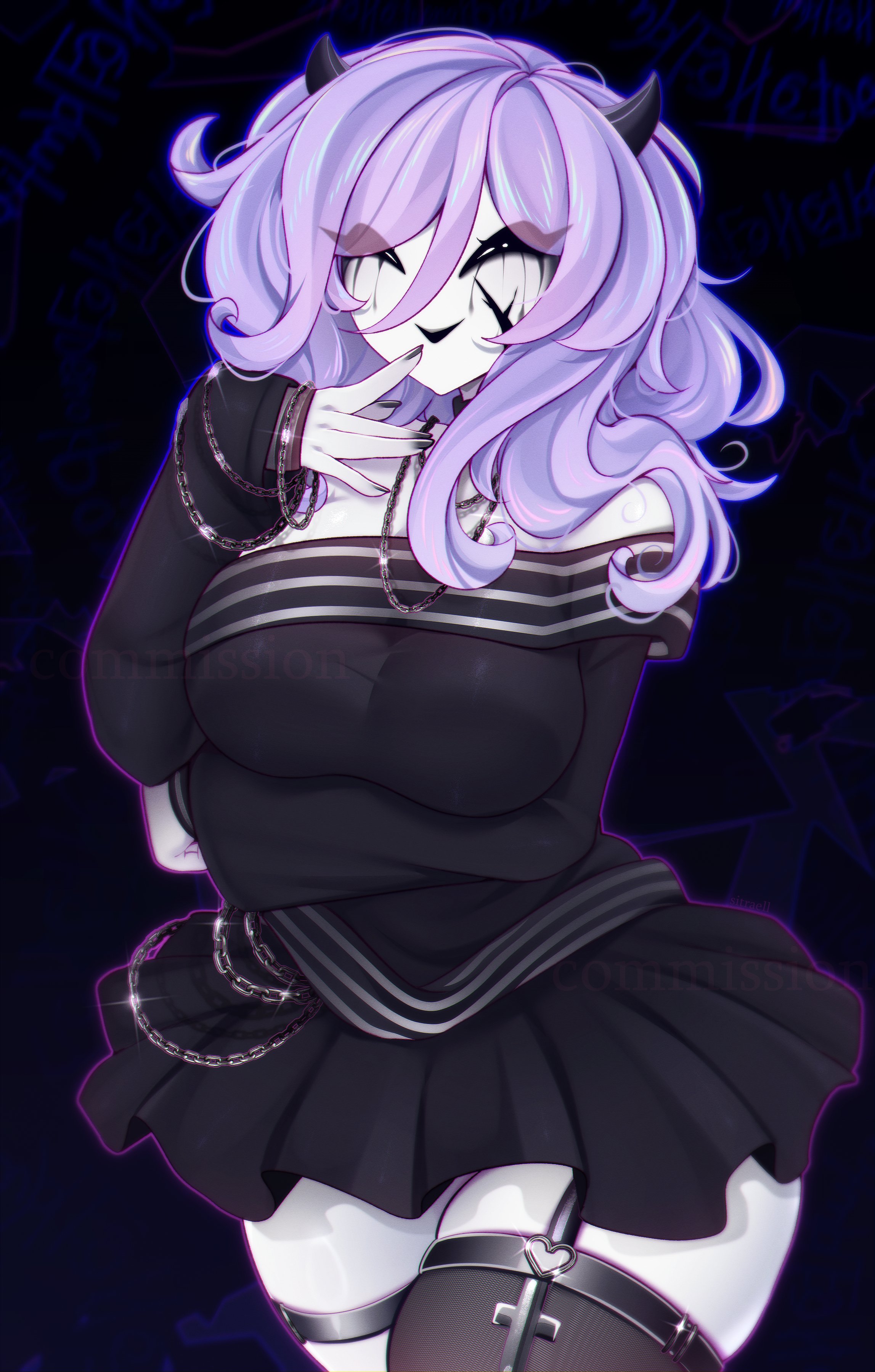 1girls, 2026, big breasts, black background, black clothing, blonde hair, breasts, closed eyes, clothed, clothing, female, female only, fully clothed, game freak, goth, goth girl, hair, hi res, horns, legs, legwear, light skin, light-skinned female, looking at viewer, mario (series), nintendo, purple hair, shy gal, simple background, sitraell, skirt, smile, super mario bros., thick thighs, thighs, white body, white skin