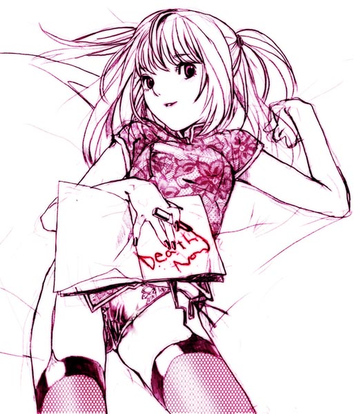 death_note female female_only hands human misa_amane monochrome nekomata_naomi nekomataya panties side-tie_panties sketch solo thighhighs underwear