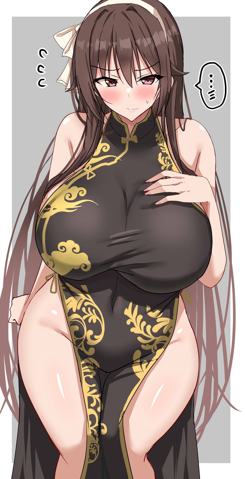 .live, 1girls, absurdres, black dress, blush, breasts, brown hair, china dress, chinese clothes, commentary request, dress, fingernails, flying sweatdrops, grey background, hair ribbon, highres, huge breasts, long hair, looking at viewer, pelvic curtain, red eyes, ribbon, sakurapochi, shiny skin, simple background, solo, sweatdrop, thighs, very long hair, virtual youtuber, white ribbon, yaezawa natori