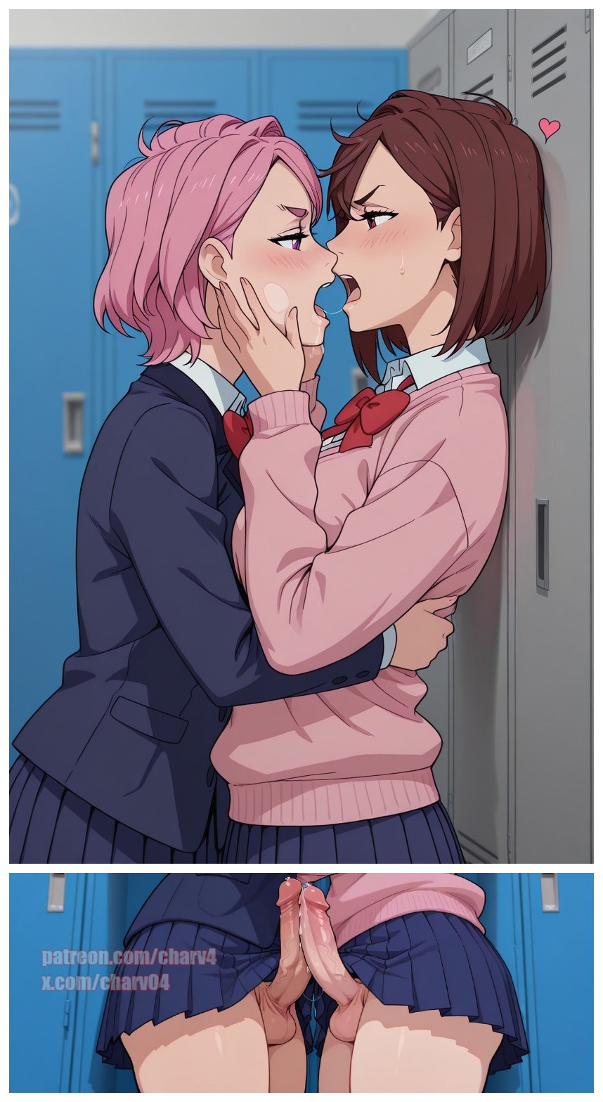 2futas, ai generated, angry, angry kiss, ayase momo, brown hair, charv, dandadan, erect penis, erection, frottage, futa on futa, futa only, futadom, futanari, locker, locker room, pink hair, precum, saliva, school uniform, schoolgirl, shiratori aira (dandadan), short hair