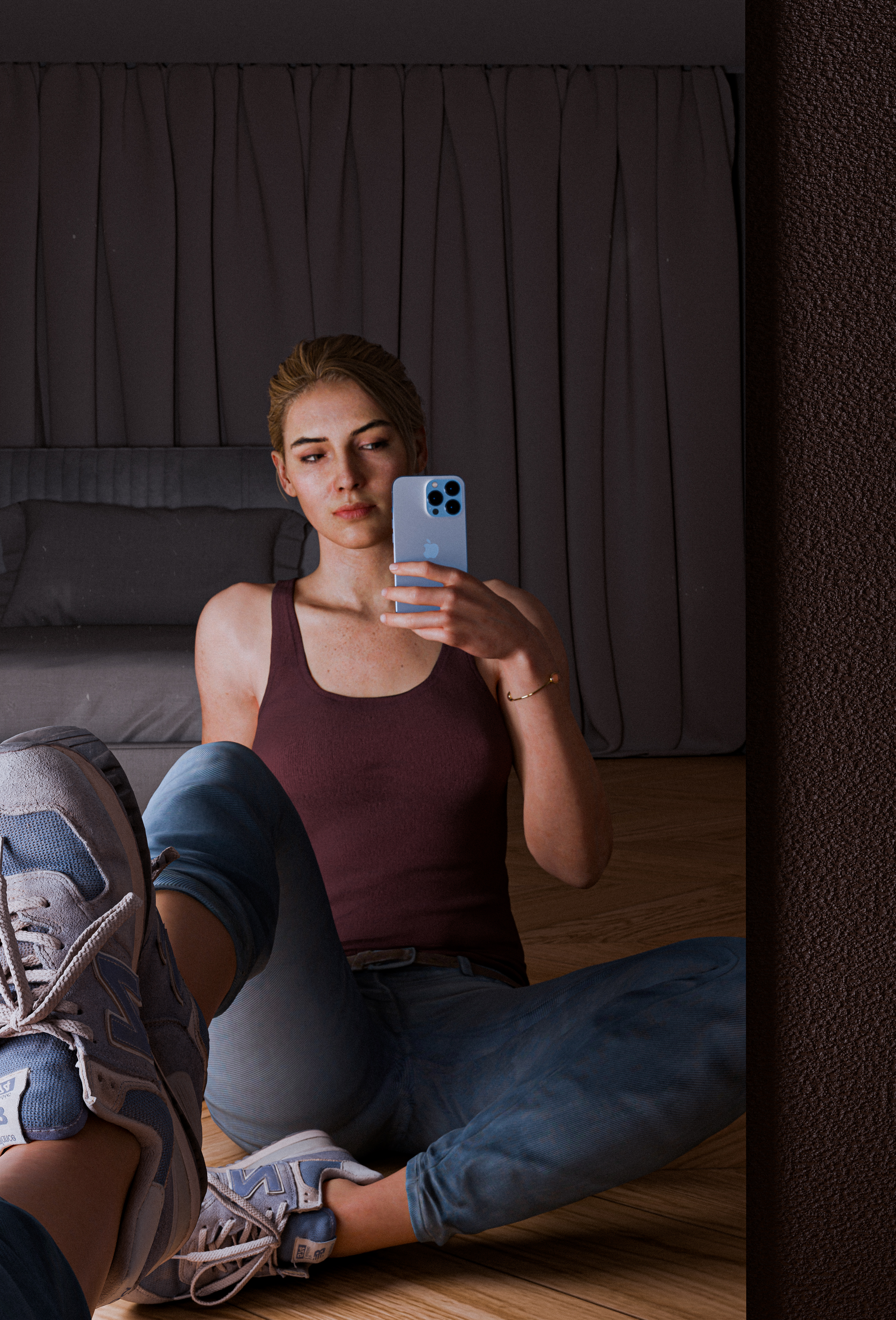 1girls, 3d, areolae, bed, belly, blender, blonde hair, bracelet, breasts, elena fisher, feet, female, foc follet, jeans, legs, medium breasts, mirror, mirror selfie, nipples, not porn, phone, selfie, sfw, skinny, sneakers, soles, t-shirt, toes, uncharted, uncharted 4, wet, white body