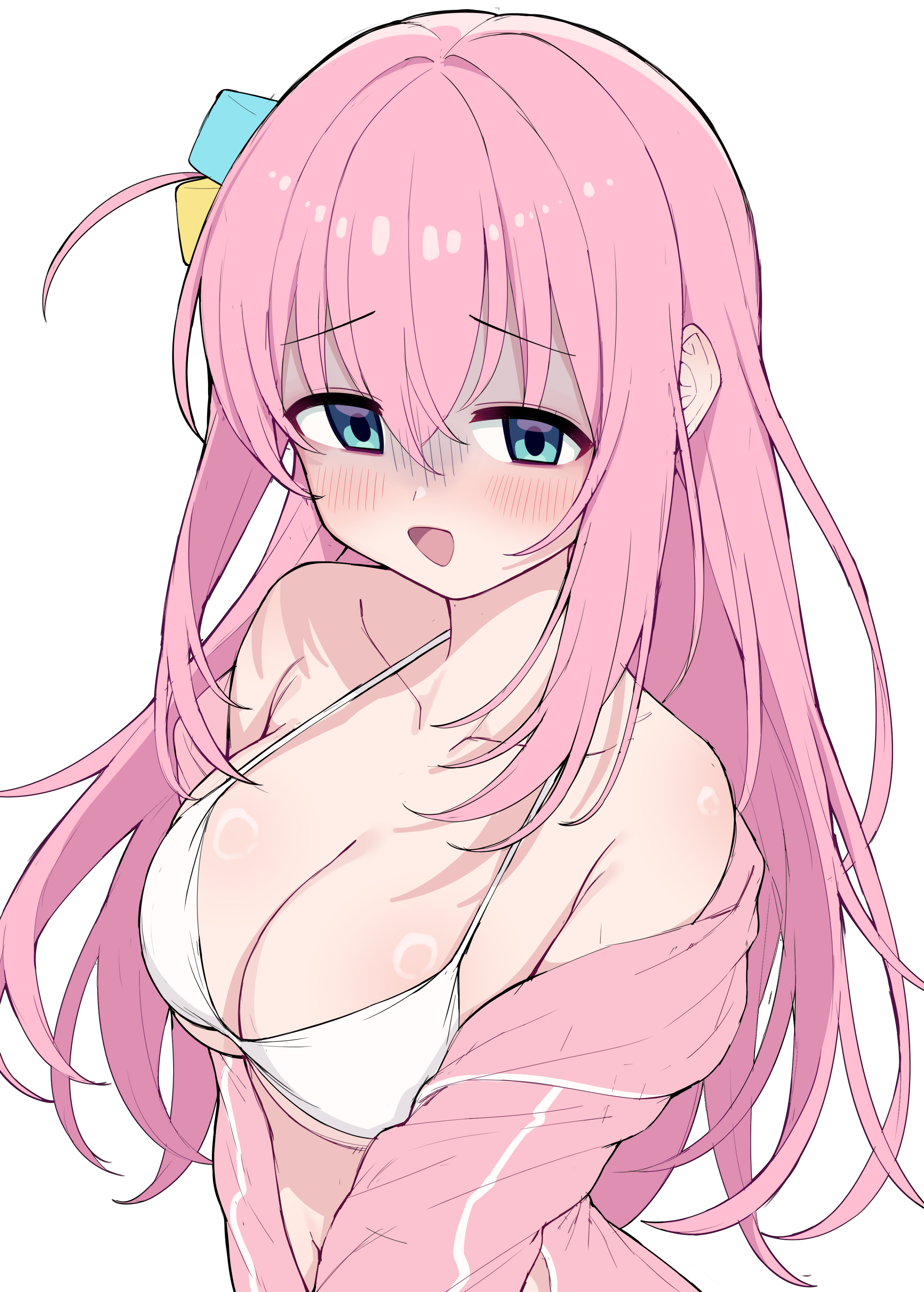absurdres, bikini, blue eyes, blush, bocchi the rock!, breasts, cleavage, collarbone, commentary, cube hair ornament, female, gotoh hitori, gotou hitori, hair between eyes, hair ornament, highres, jacket, long hair, looking at viewer, medium breasts, metaljelly, navel, one side up, open mouth, pink hair, pink jacket, simple background, solo, swimsuit, track jacket, white background, white bikini