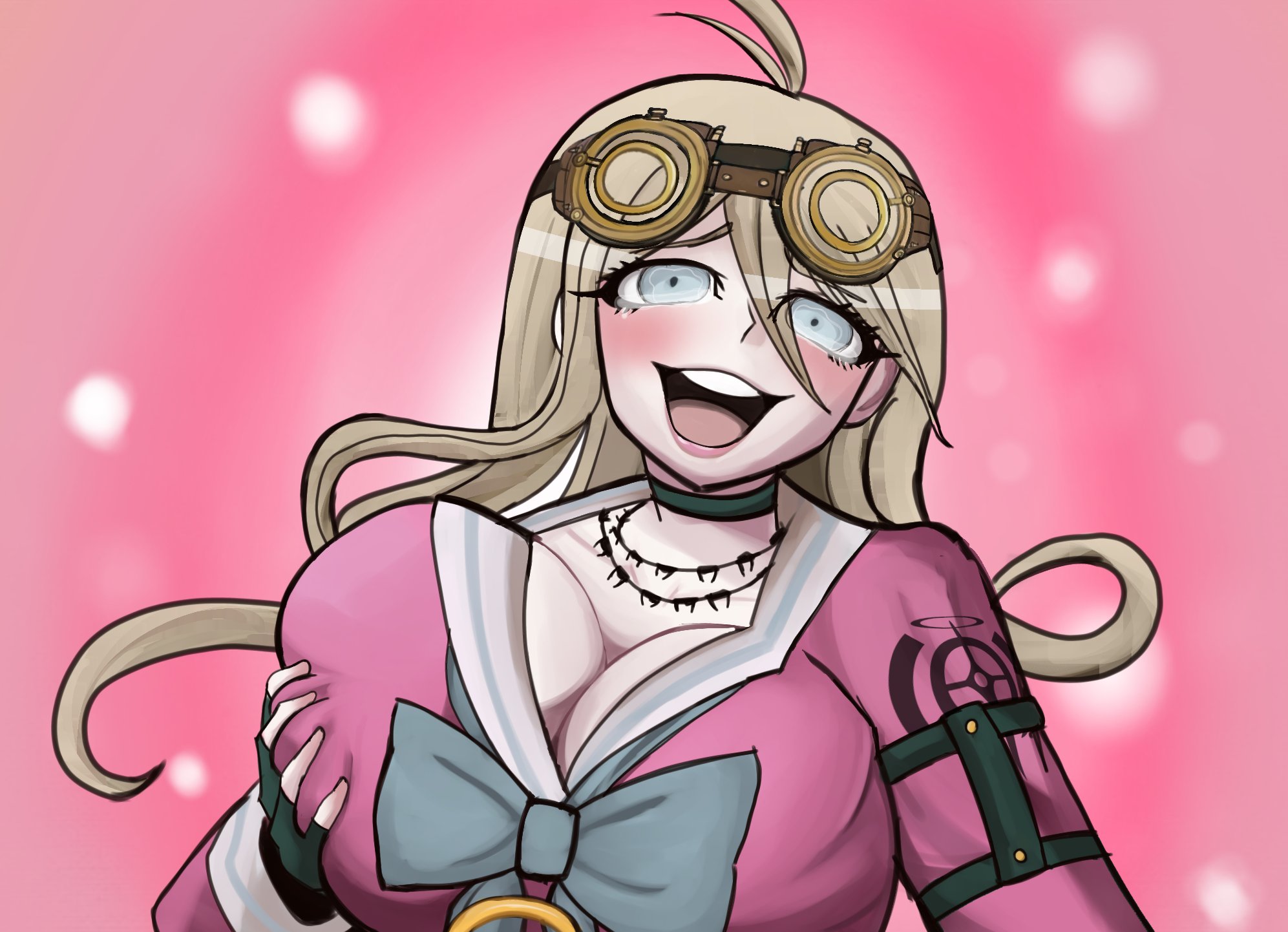1girls, alt girl, big breasts, blonde hair, blue bow, city boy, danganronpa, danganronpa v3, female, female only, goggles, goggles on head, huge breasts, iruma miu, large breasts, pink background, punk, punk girl, smile, solo, solo female, steampunker, yumeko grabbing her breast