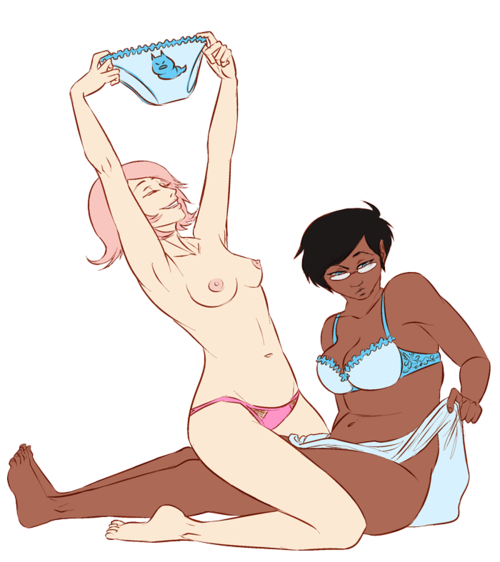 2girls alternate_skin_color black_hair blue_eyes bra breasts closed_eyes dark-skinned_female dark_skin glasses holding_panties homestuck jane_crocker lesbian lingerie ms_paint_adventures multiple_girls nipples pink_hair roxy_lalonde short_hair slightly_chubby smile stripping transparent_background white_skin