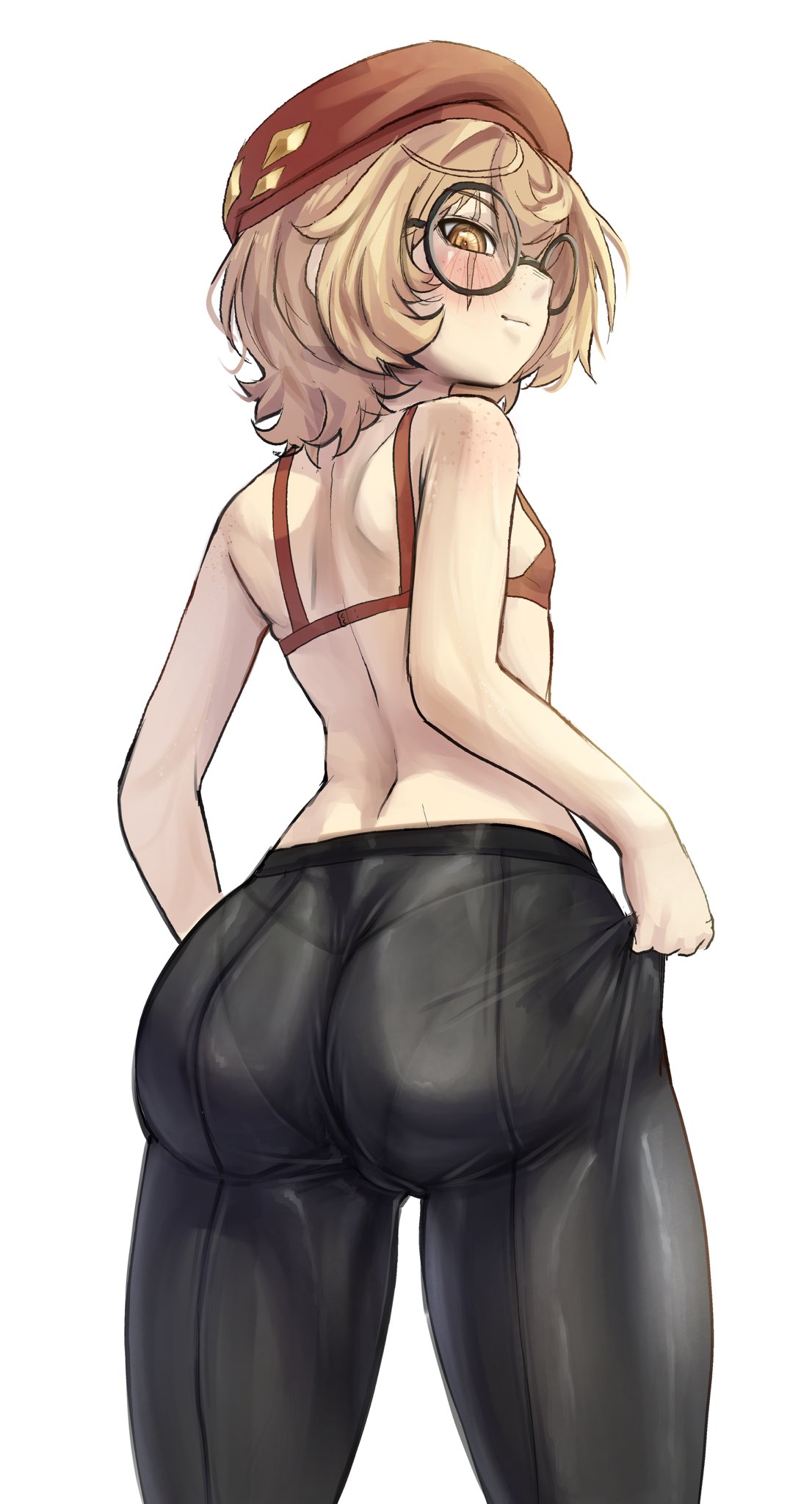 1girls, ass, ass focus, beret, big ass, big butt, blush, bra, breasts, brown eyes, brown hair, clio aite, closed mouth, commentary, cowboy shot, english commentary, fat ass, female, from behind, glasses, hag, hair between eyes, hat, highres, looking at viewer, mature, mature female, no pants, no shirt, older female, pantyhose, phase connect, red bra, red hat, round eyewear, scar, scar across eye, scar on face, seori091, short hair, small breasts, smile, solo, teacher, underwear, virtual youtuber, vtuber, white background
