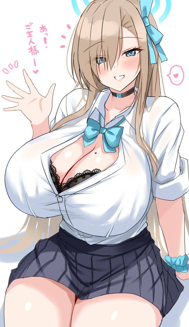1girls, asuna (blue archive), asuna (school uniform) (blue archive), black bra, blue archive, blue bow, blue bowtie, blue eyes, blue halo, blush, bow, bowtie, bra, bra peek, breasts, choker, cleavage, commentary request, grin, hair over one eye, halo, huge breasts, long hair, looking at viewer, mole, mole on breast, sakurapochi, school uniform, shirt, simple background, skirt, smile, solo, underwear, very long hair, white background, white shirt