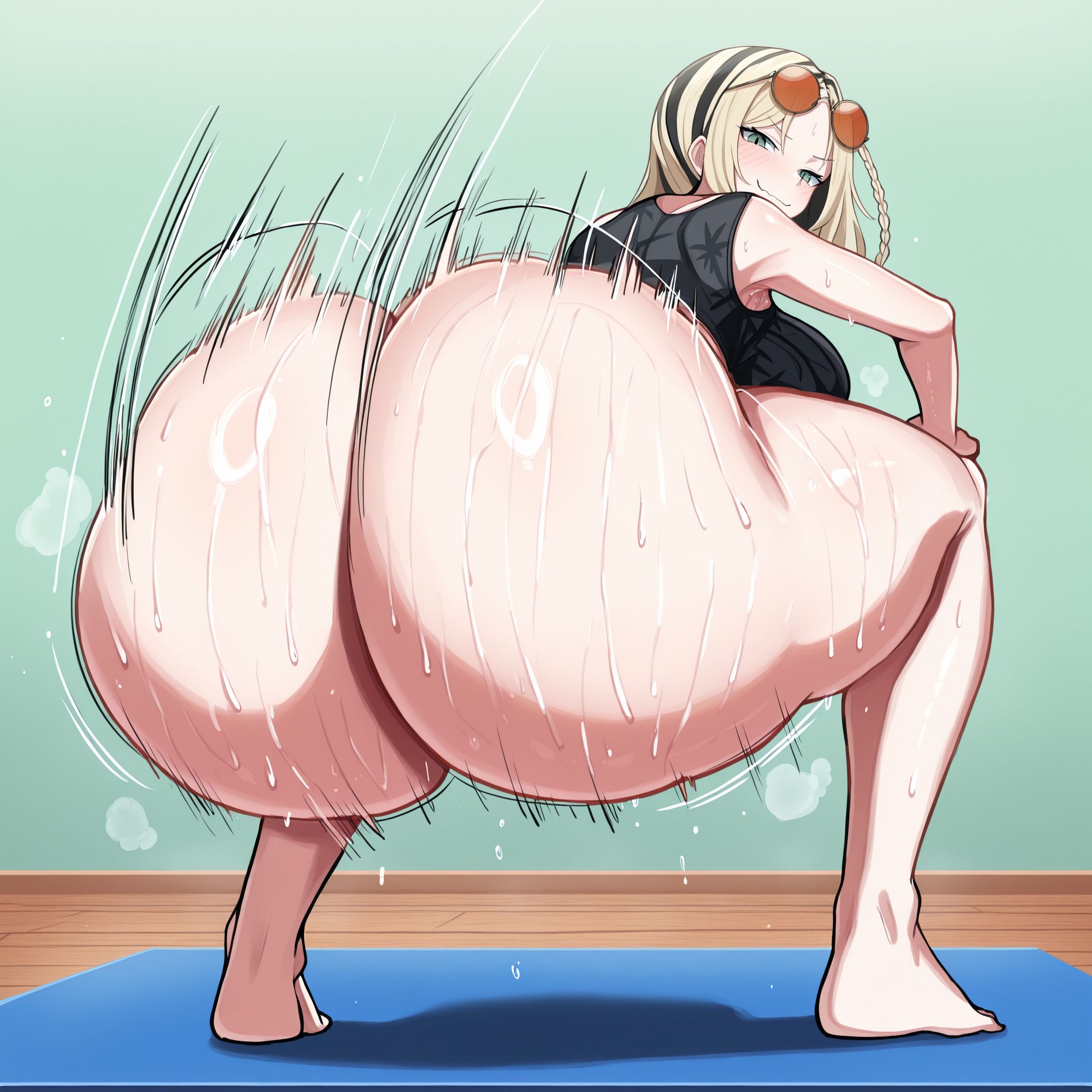 1girls, ai generated, ass, ass focus, big ass, big breasts, black streaks, blonde hair, bottomless, breasts, clapping cheeks, green eyes, hapticmaniac, hololive, hololive dev is, hololive flow glow, hololive japan, huge ass, koganei niko, large breasts, looking at viewer, musky butt, on mat, round glasses, round sunglasses, shaking ass, smug, smug face, streaked hair, sunglasses, sunglasses on head, swamp ass, sweaty, sweaty ass, sweaty butt, tagme, tank top, thick thighs, twerking, two-tone hair, very sweaty, virtual youtuber, vtuber, yoga mat