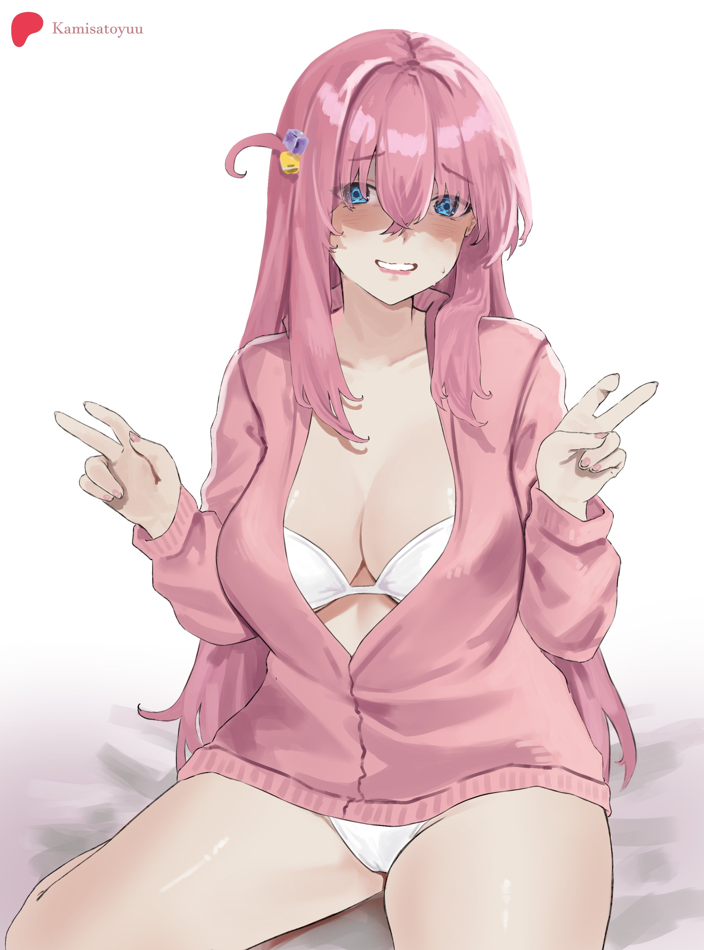 absurdres, alt text, artist name, bikini, blue eyes, bocchi the rock!, breasts, cleavage, commentary, cube hair ornament, double v, english commentary, female, gotoh hitori, gotou hitori, hair ornament, highres, kamisatoyuu, large breasts, long hair, looking at viewer, partially shaded face, pink hair, pink track suit, side ahoge, solo, swimsuit, thighs, track suit, v, very long hair, white bikini