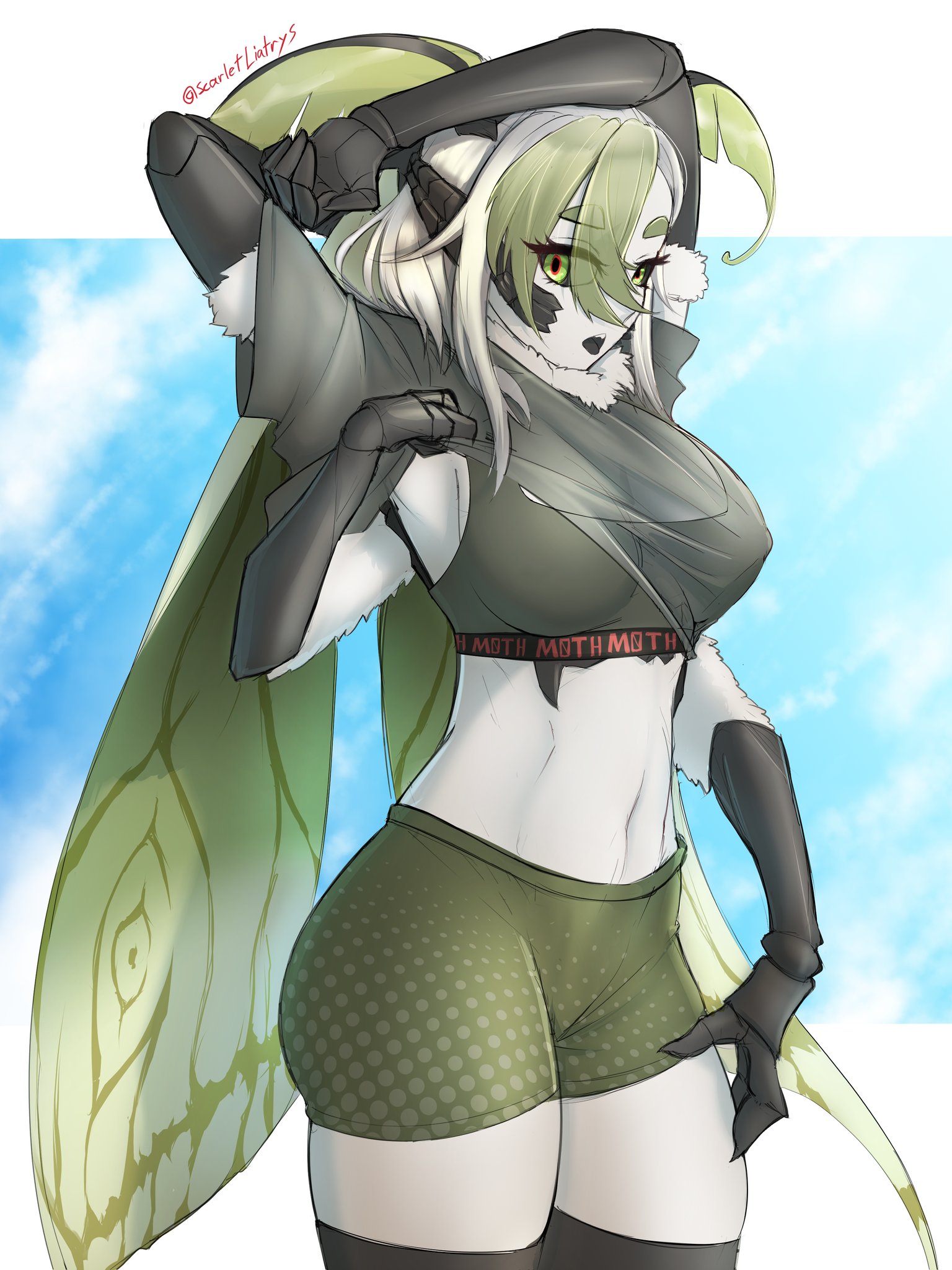 1girls, antennae, arthropod girl, bike shorts, black sclera, black tongue, breasts, bug, bug girl, colored sclera, colored skin, extra arms, female, head wings, highres, indie virtual youtuber, insect girl, insects, juniper actias, midriff, monster girl, moth, moth girl, navel, nipples, open mouth, see-through shirt, shirt, sports bra, stomach, thick thighs, thighhighs, thighs, virtual youtuber, vtuber, white skin, wings
