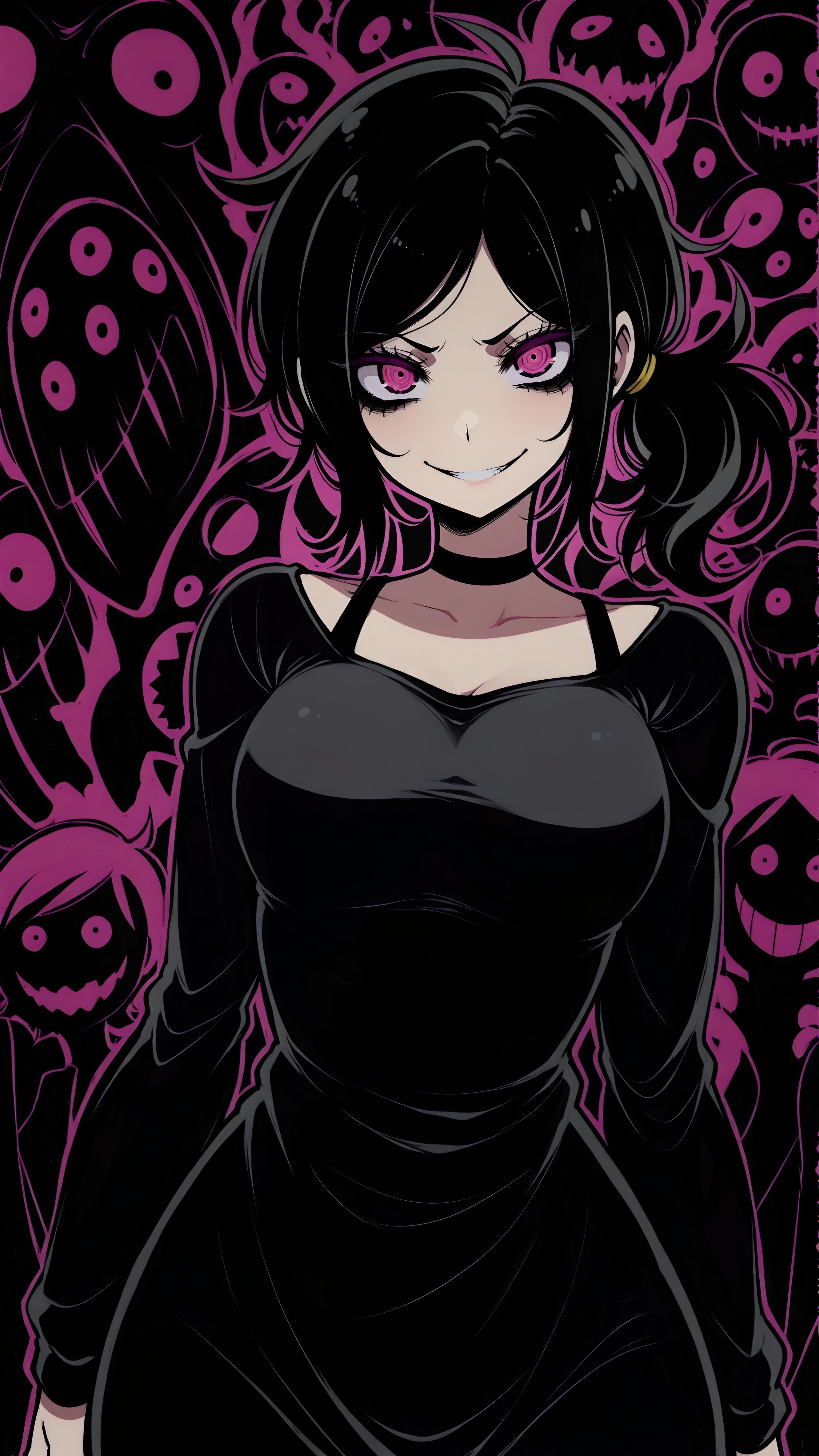 1girls, ai generated, ashley graves, black choker, black hair, blush, choker, covenant, curvy, curvy body, curvy female, curvy figure, deal, demon, demons, diabolical, evil eyes, evil face, evil smile, female, female focus, female only, gesugao, goth, goth girl, gothic, gothic girl, imminent anal, imminent fellatio, imminent oral, imminent orgasm, imminent penetration, imminent rape, imminent sex, imminent vaginal, invocation, looking at viewer, necklace, neckline, purple eyes, satanic, seducing, seduction, seductive, seductive body, seductive eyes, seductive gaze, seductive look, seductive mouth, seductive pose, seductive smile, sexy, sexy body, sexy pose, smile, smiling, smiling at viewer, the coffin of andy and leyley, yandere, yandere eyes, yandere trance