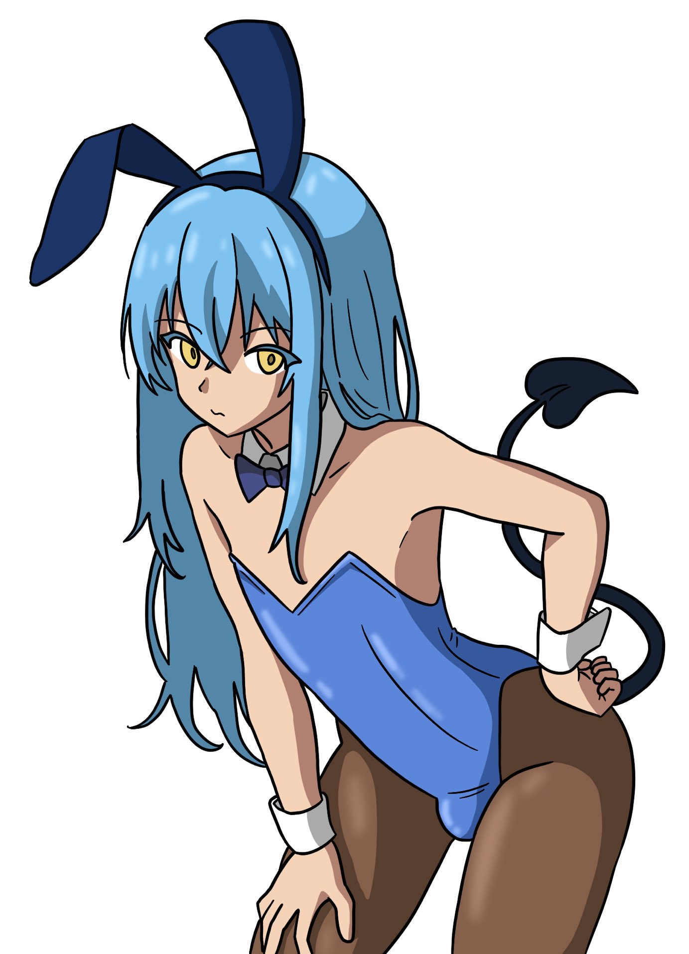 2025, blue hair, bowtie, bulge, bulge through clothing, bunny ears, bunnysuit, bunnysuit bulge, collar, detached collar, femboy, flat chest, hi res, long hair, looking sideways, male playboy bunny, orange eyes, pantyhose, penis bulge, playboy bunny, pose, rimuru tempest, solo, solo femboy, spade tail, swisschocoart, tail, tensei shitara slime datta ken, wrist cuffs