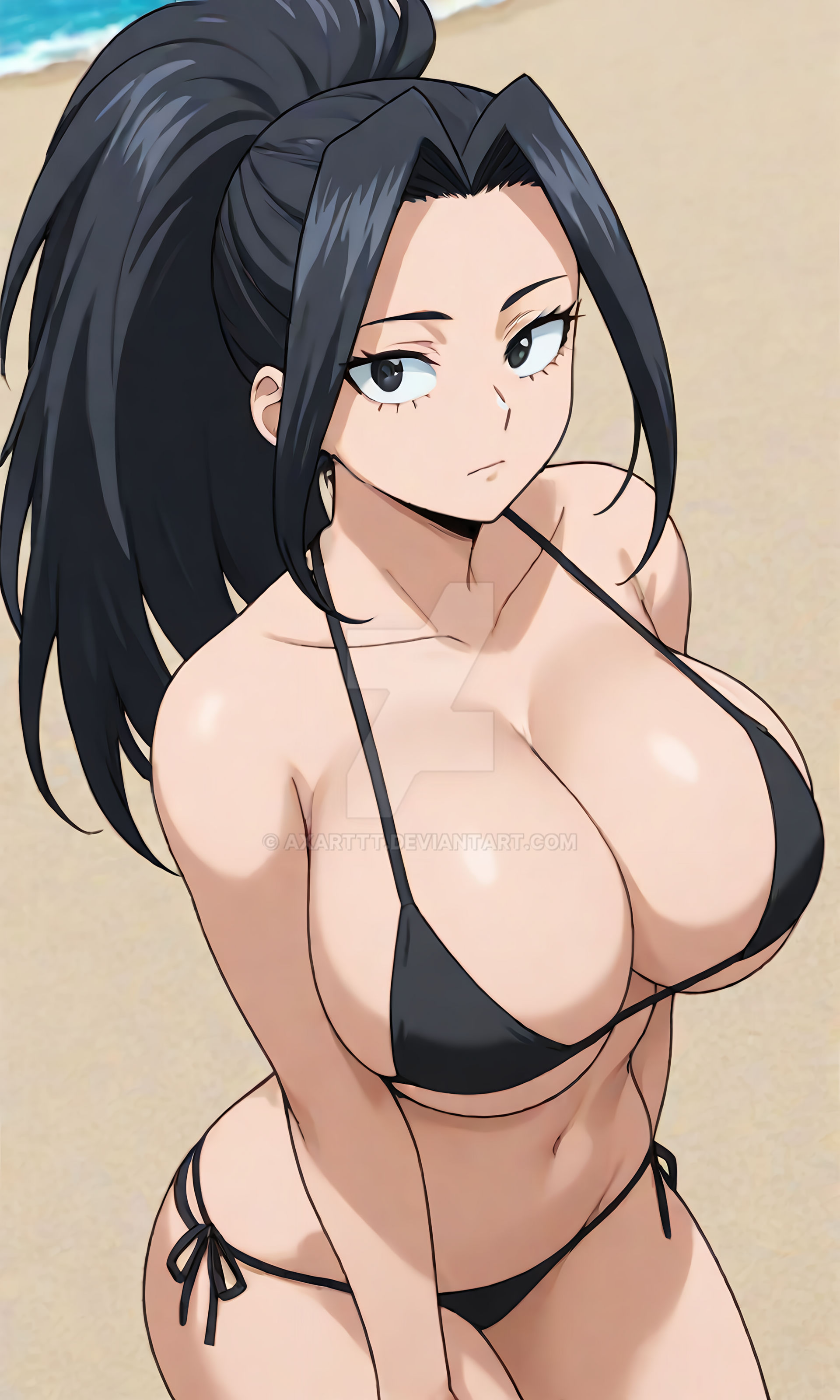 1girls, ai generated, beach, belly, belly button, big breasts, black hair, black-haired female, boku no hero academia, breasts, curvy, curvy body, curvy female, curvy figure, female, imminent sex, looking at viewer, momo yaoyorozu, my hero academia, sand, seductive, sexy, sexy body, sexy pose, voluptuous, voluptuous body, voluptuous female, water