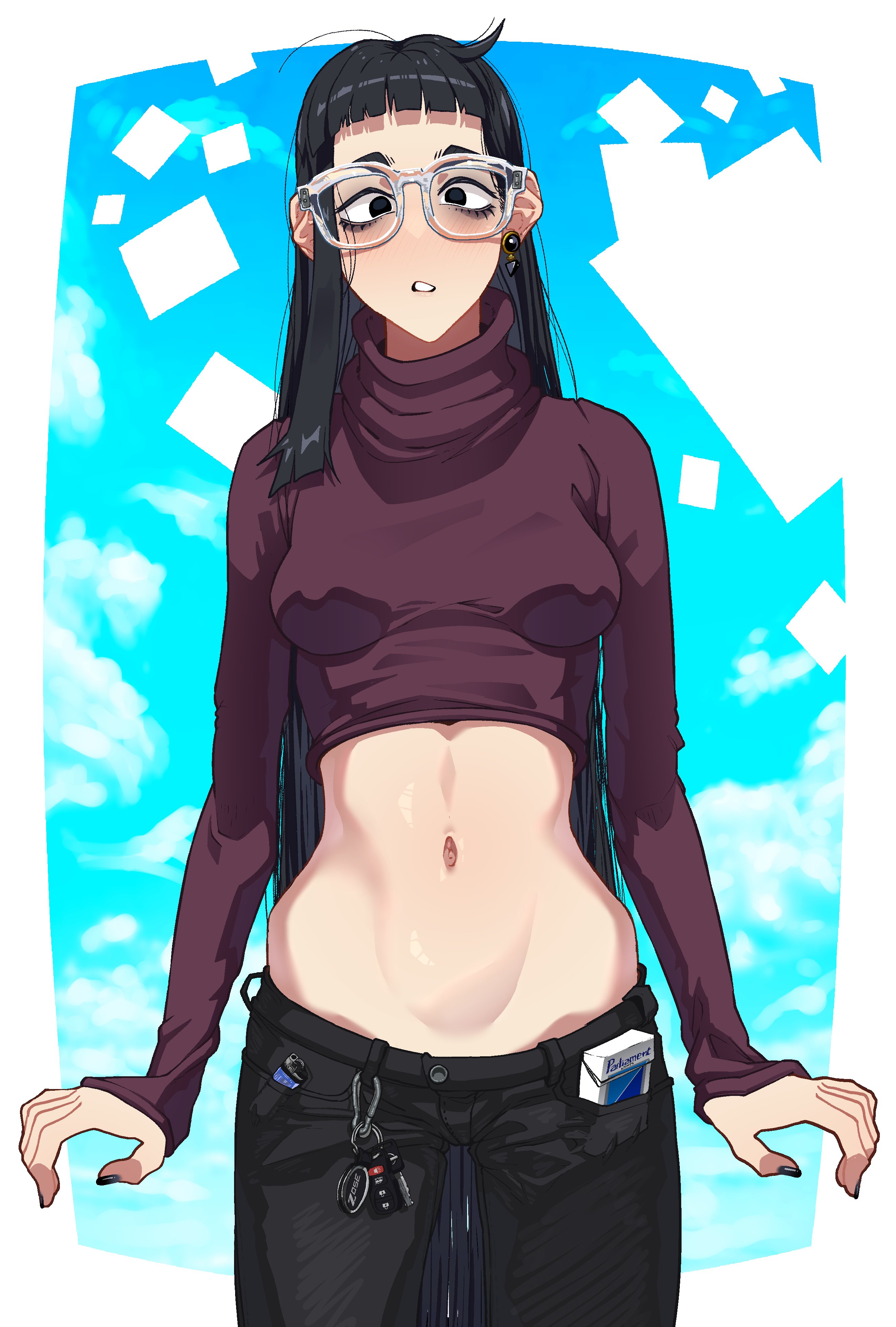 1girls, black hair, breasts, female, female only, glasses, long sleeves, midriff, nerd, nerdy female, oni (softshikioni), original, original character, painted nails, softshikioni, tired eyes, turtleneck