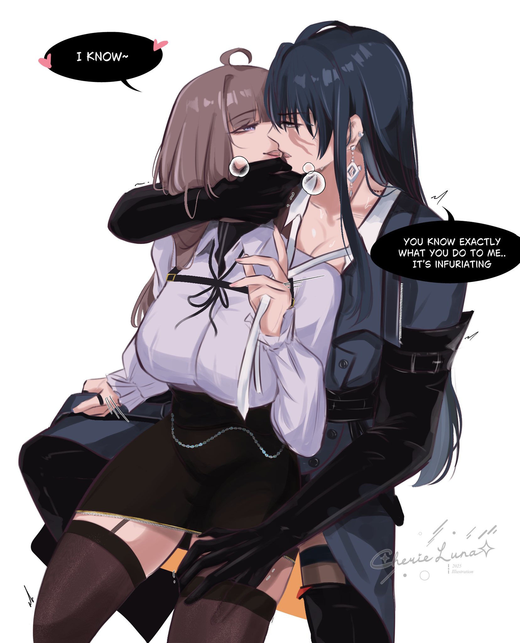 blush, brat, bratty, bratty submissive, cherieluna09, cleavage, clothed, clothes, clothing, dominant female, earring, earrings, female, female focus, female only, flirt, flirting, gloves, imminent sex, larger female, long hair, oc, original character, path to nowhere, rahu (path to nowhere), scar, scar on face, scars, self-insert, shorter female, sitting, sitting on lap, sitting on person, skirt, smaller female, steam, steamy, steamy breath, stockings, submissive female, suggestive, suggestive gesture, suggestive look, suggestive pose, taller female, tease, teasing, thigh highs, thighhighs, tongue, yuri