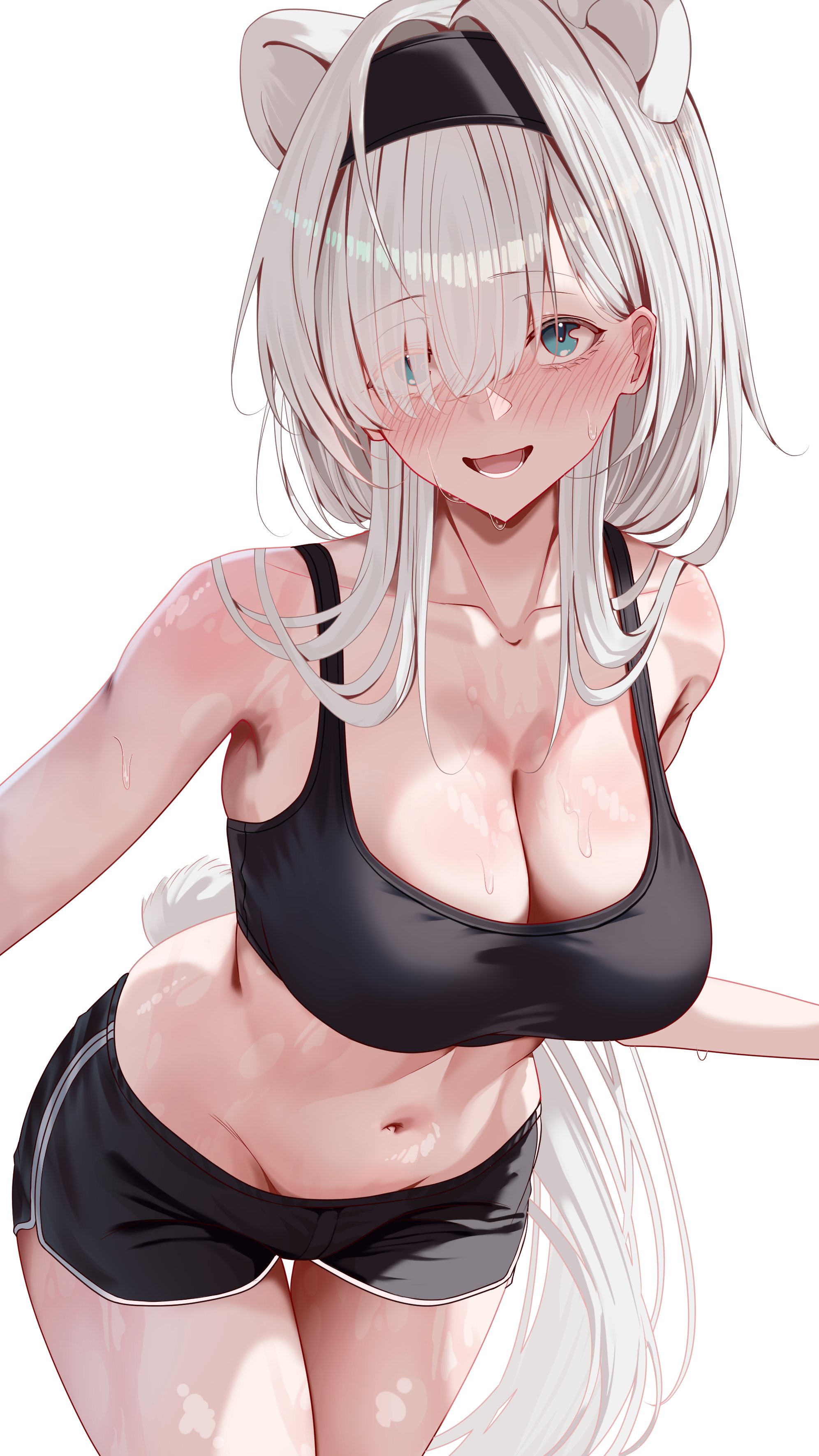 absurdres, animal ears, arknights, aurora (arknights), bear ears, bear girl, bear tail, black shorts, black sports bra, blue eyes, blush, breasts, cleavage, collarbone, commentary request, dolphin shorts, extra ears, female, hair over one eye, highres, large breasts, long hair, looking at viewer, nose blush, open mouth, short shorts, shorts, simple background, smile, solo, sonna watashi, sports bra, sweat, tail, thighs, white background, white hair