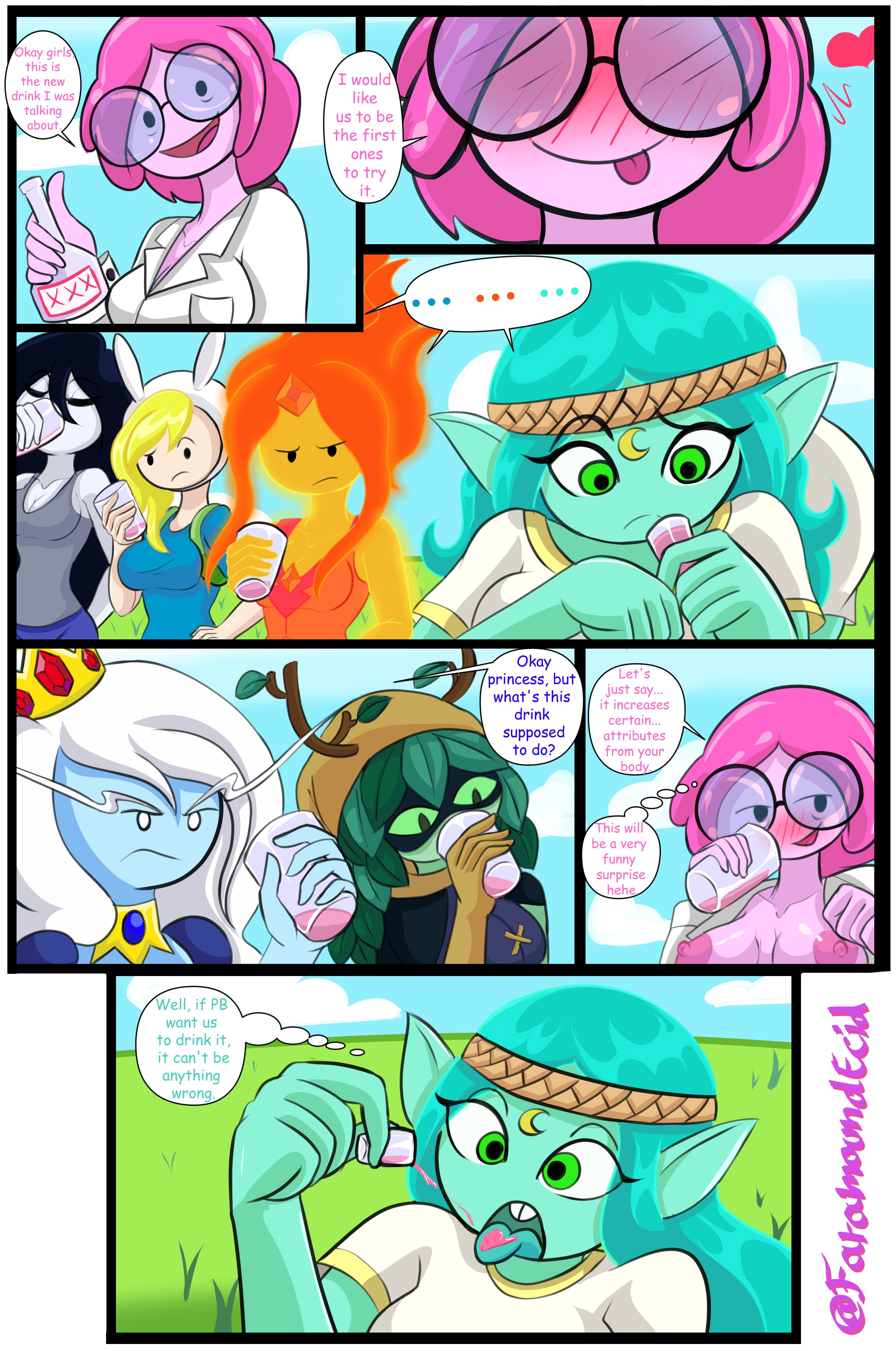 7girls, adventure time, adventure time: fionna & cake, blonde female, blonde hair, blue skin, branch horns, canyon (adventure time), drugs, faramound, fionna the human girl, flame princess, glasses, green eyes, green skin, humanoid, huntress wizard, ice queen (adventure time), leaf hair, marceline, nipples, princess bubblegum, vampire girl, white hair