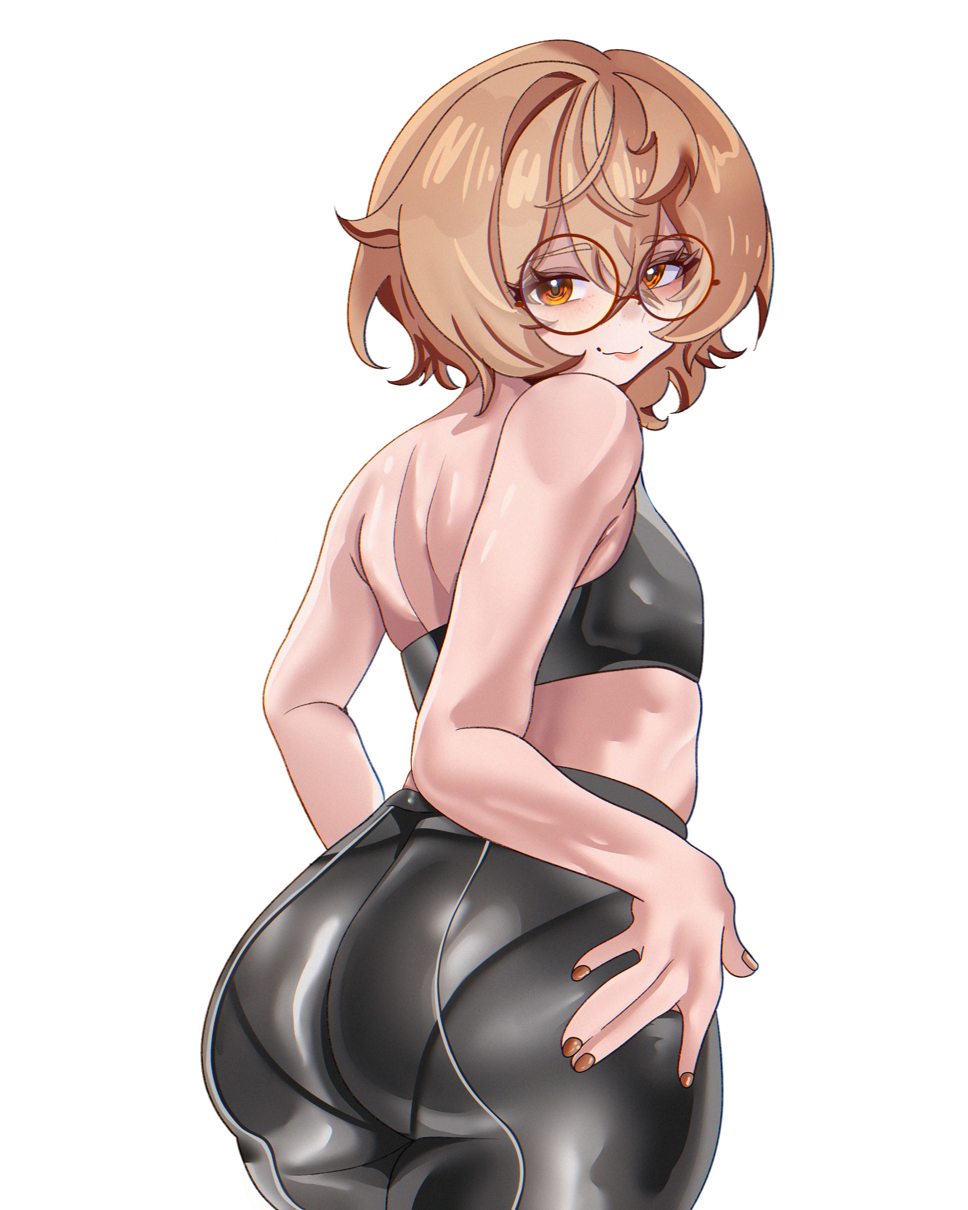 1girls, absurdres, ass, ass focus, back, big ass, big butt, booty, brown hair, clio aite, fat ass, female, flat chest, glasses, hag, highres, huge ass, mature, mature female, mii das, older female, orange eyes, pantyhose, phase connect, presenting, presenting ass, round eyewear, short hair, sports bra, standing, teacher, thick, thick ass, virtual youtuber, vtuber, white background