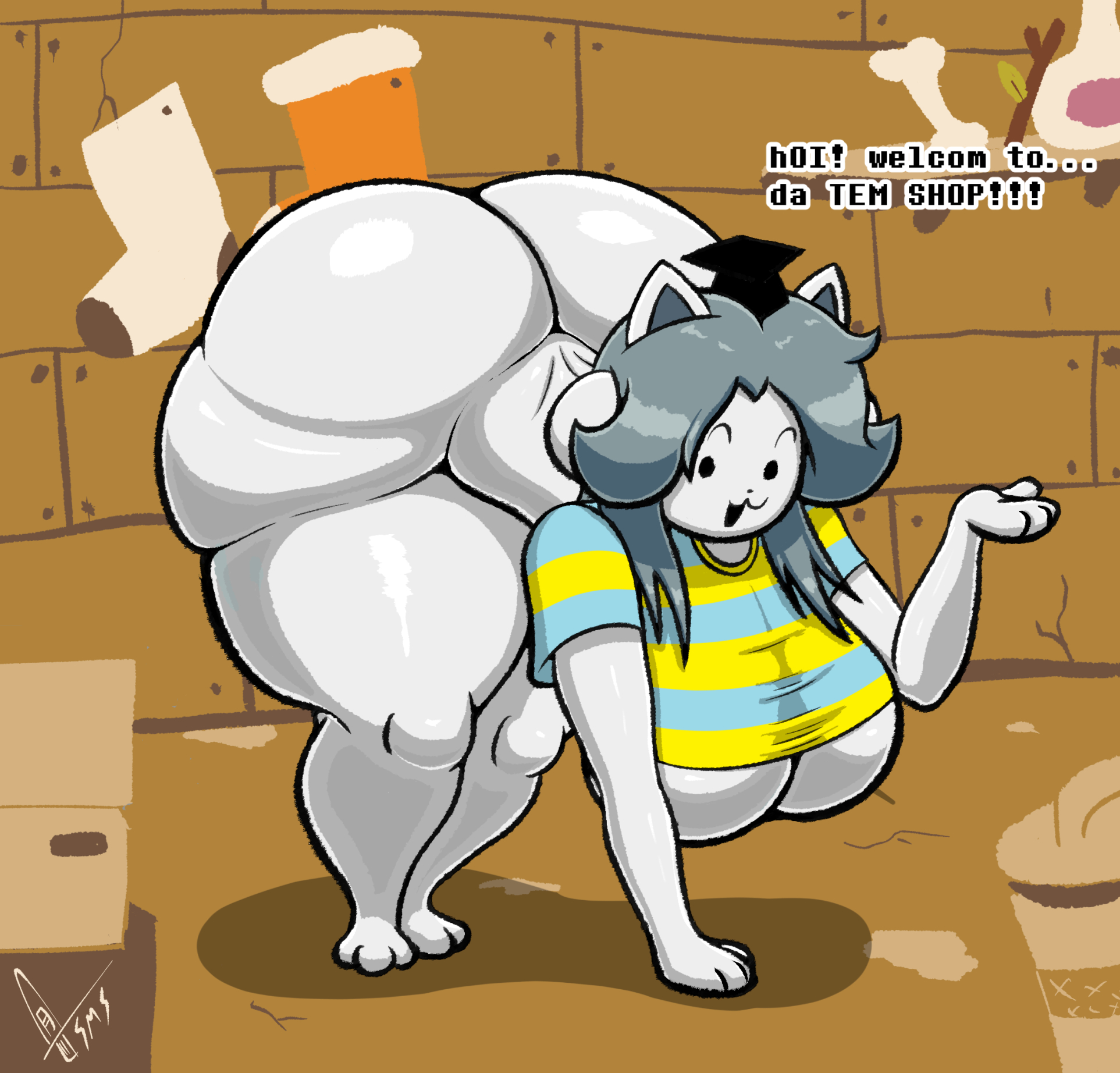 1girls, alternate version available, ass, ass bigger than head, ass up, barefoot, canine, cat ears, dialogue, feline, female, female only, full body, furry, grey hair, paws, shortstack, solo, solo female, striped clothing, supermoonshroom, tagme, temmie, temmie (undertale), underboob, undertale, white skin