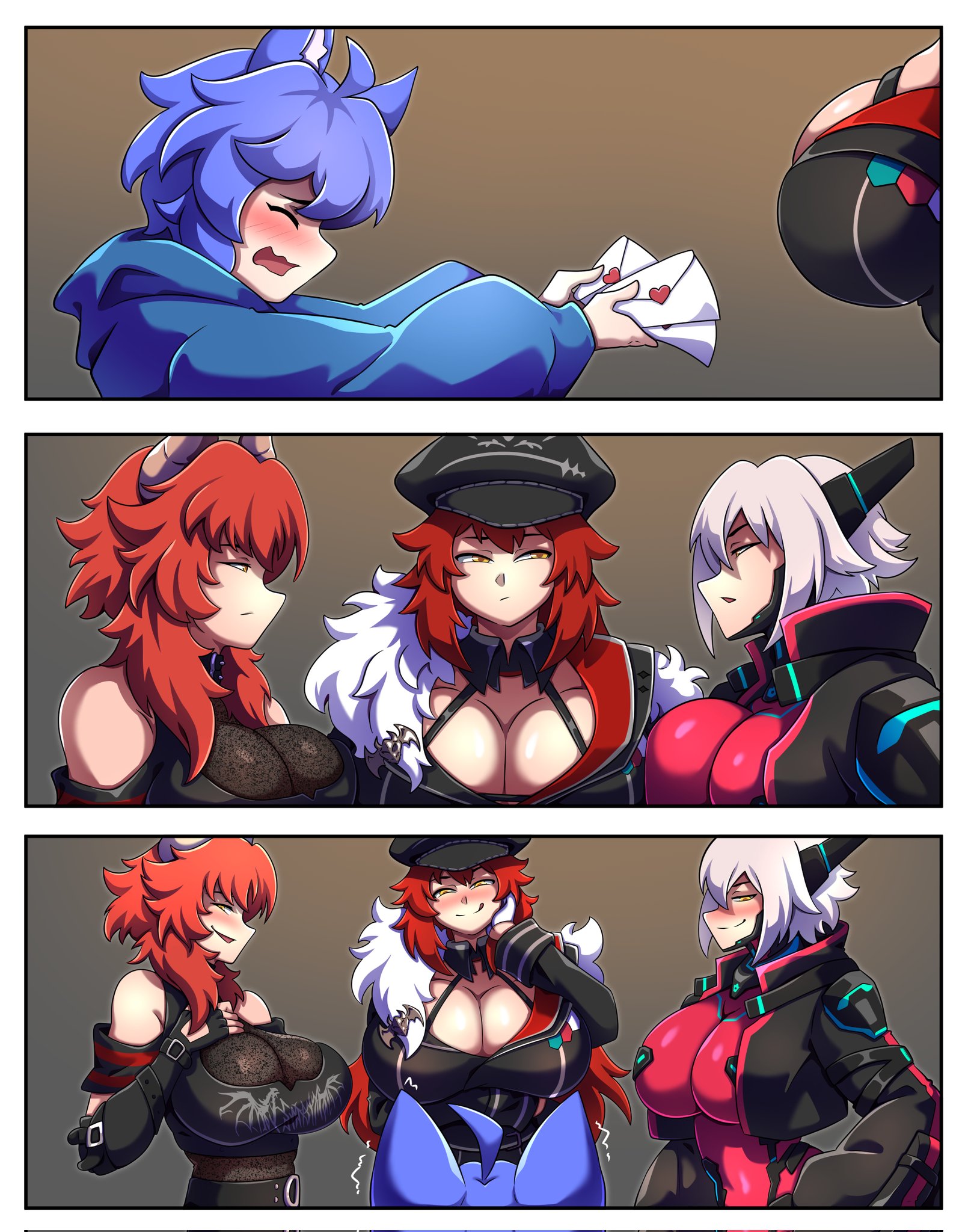 :p, 3girls, 3koma, ahoge, aljune art, alternate costume, animal ears, bare shoulders, blue hair, blush, bodysuit, breast press, brown hair, buckle, character request, closed eyes, doppelganger, dual persona, embarrassed, evil grin, evil smile, fingerless gloves, flirting, gender request, goth, hands out of frame, horns, huge breasts, jacket, letter, looking at another, looking down, military hat, official alternate costume, orange hair, serious, size difference, smile, tall female, tongue out, torn clothes, trembling, virtual youtuber, yellow eyes, zentreya