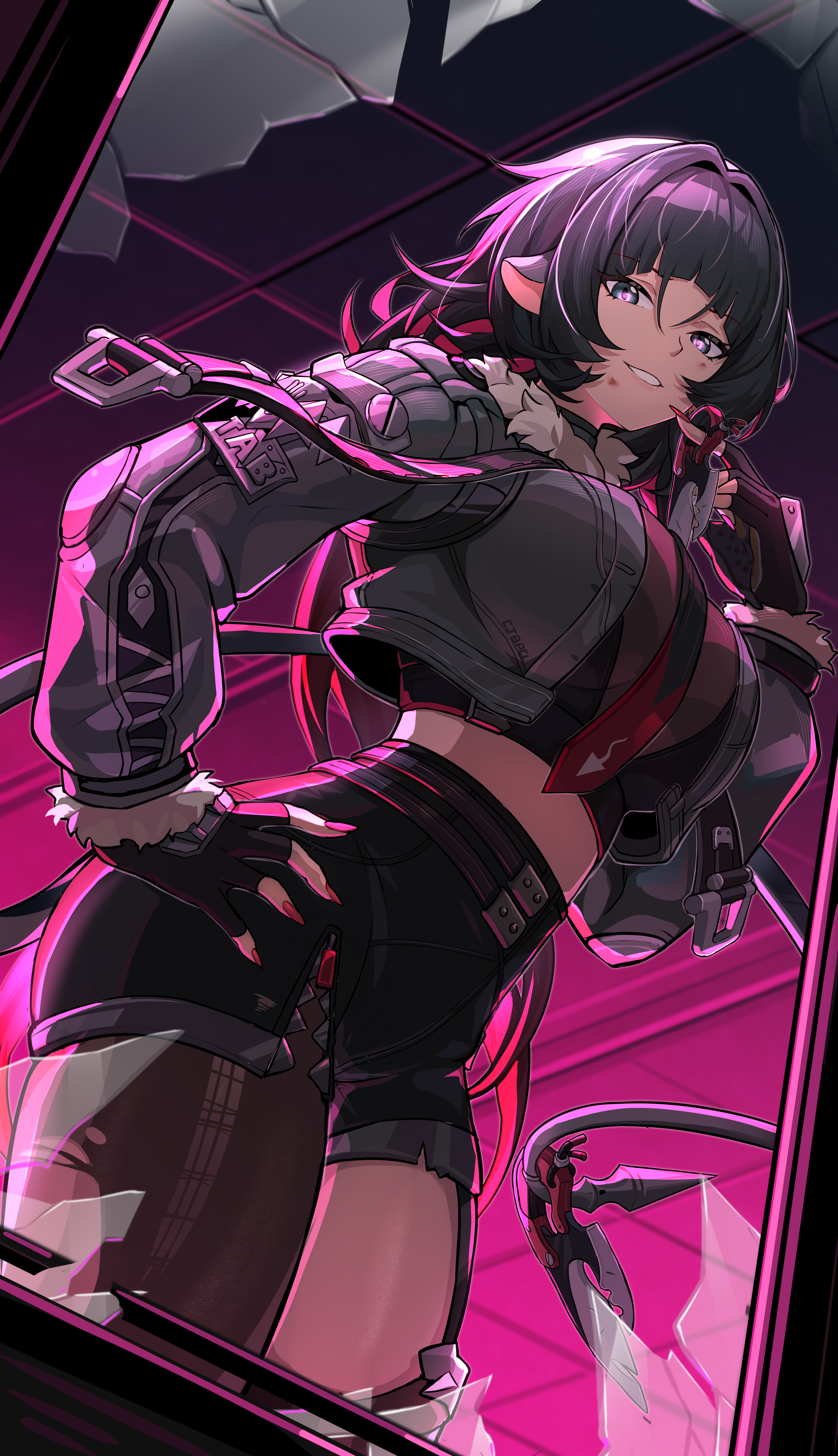1girls, absurdres, animal ears, big breasts, black gloves, black hair, black pantyhose, black shorts, breasts, broken window, bupa chila, cleavage, female, female only, fingerless gloves, fur trim, fur-trimmed jacket, gloves, grey jacket, high-waist shorts, highres, jacket, jane doe (zenless zone zero), large breasts, long hair, looking at viewer, midriff, mouse ears, mouse girl, mouse tail, multicolored hair, necktie, night, pantyhose, parted lips, red hair, red nails, see-through cleavage, see-through clothes, shorts, single leg pantyhose, sky, smile, solo, tail, teeth, thighs, torn clothes, torn pantyhose, two-tone hair, two-tone necktie, zenless zone zero