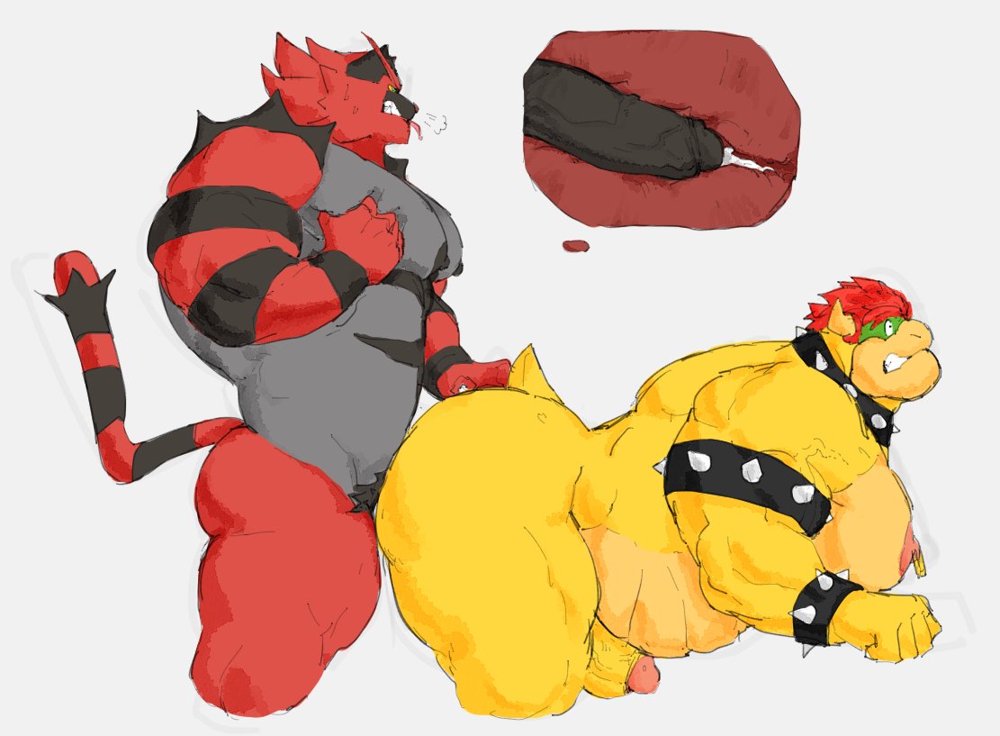 anal anal_sex anthro ass balls bara boner bowser crossover erection furry gay incineroar inside_view male male_only mario_(series) muscles muscular nintendo nude penis phosbara pokemon scalie sex super_smash_bros.