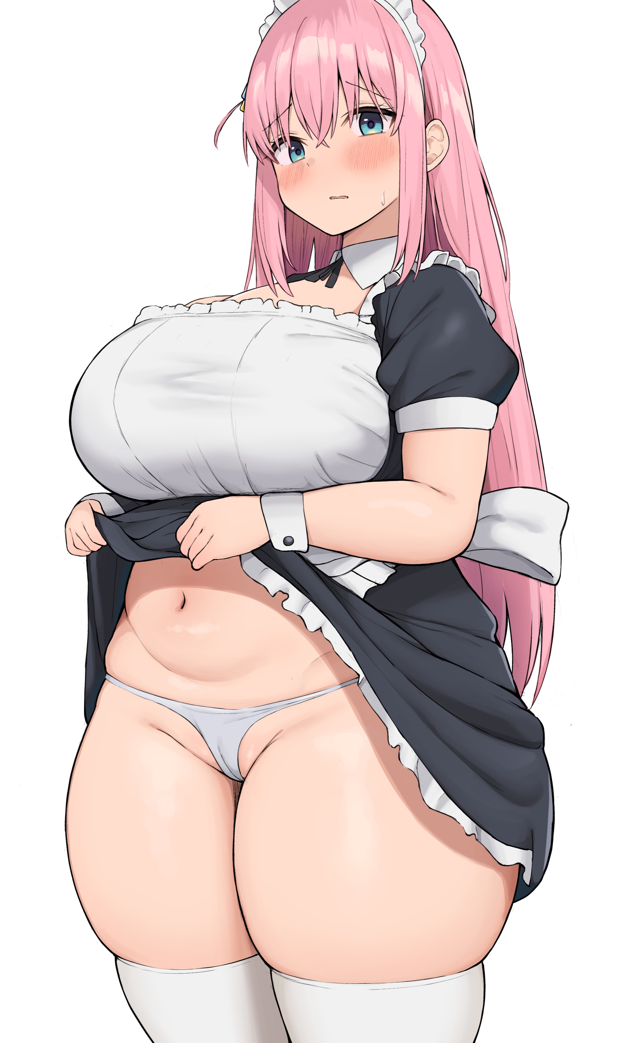 1girls, blue eyes, bocchi the rock!, breasts, female, gotou hitori, hips, large breasts, long hair, maid, maid headdress, maid outfit, neneneji, pink hair, thick thighs, thighs, voluptuous, wide hips