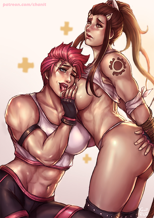 2d, 2girls, abs, ass, ass grab, back muscles, big breasts, bondage, breast fondling, breast grab, breast licking, breasts, brigitte, brigitte lindholm, brown hair, erect nipples, female, female only, groping, kachima, looking at viewer, multiple females, multiple girls, muscles, muscular, muscular female, naughty face, nipple bulge, nipples, open mouth, overwatch, panties, pink hair, pokies, rope bondage, shirt lift, shorts, tank top, tattoo, thong, tied up, tongue, yuri, zarya