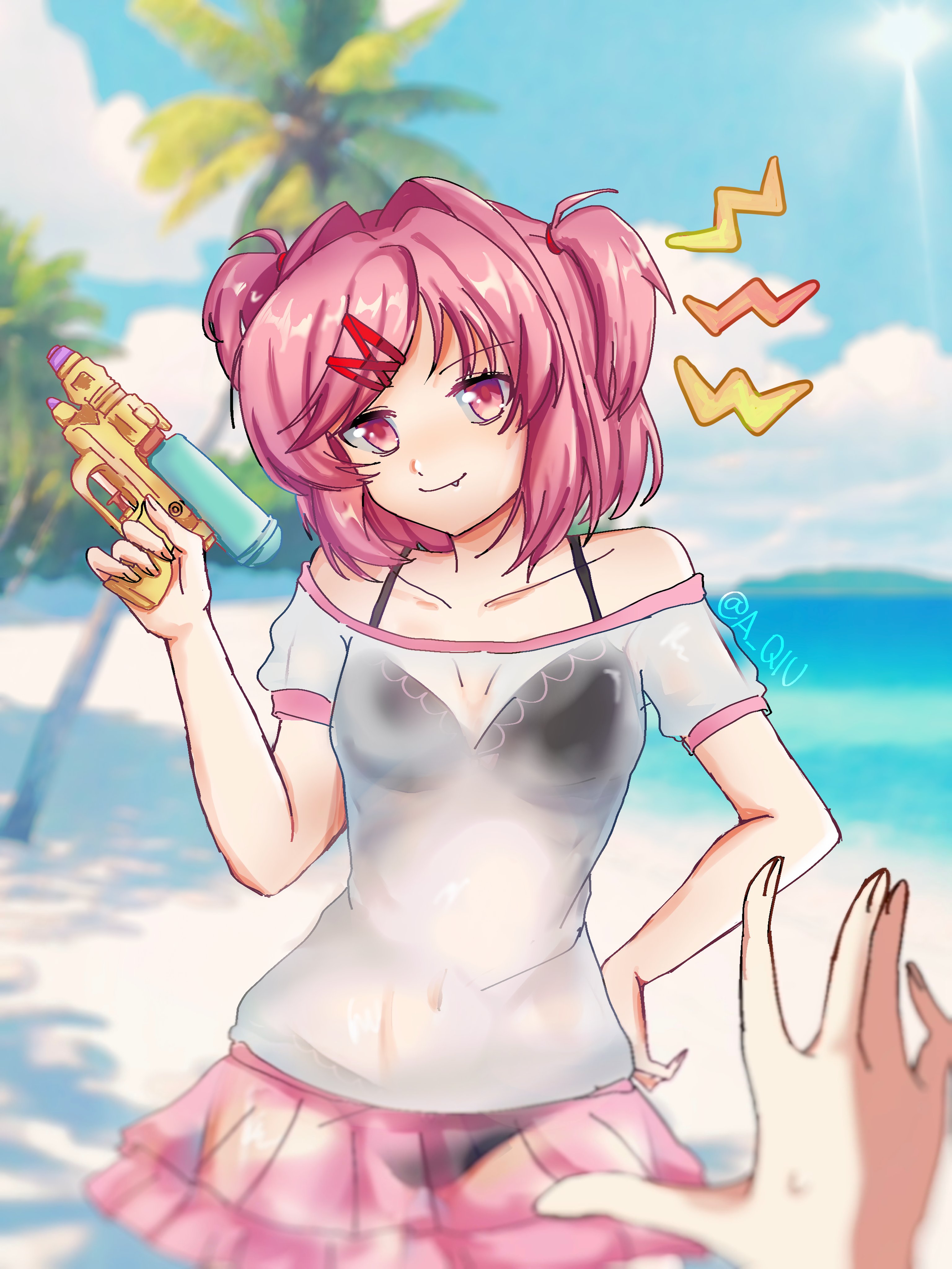 1girls, 5 fingers, a qiu, artist name, bare shoulders, bra, breasts, doki doki literature club, female, female focus, natsuki (doki doki literature club), navel, navel visible through clothes, panties, pink eyes, pink hair, pink skirt, see-through, see-through clothes, see-through clothing, see-through shirt, see-through top, skirt, solo focus, twitter username, unaware, unaware exhibitionist, underwear, water, water gun, watergun, wet, wet clothes, wet clothing