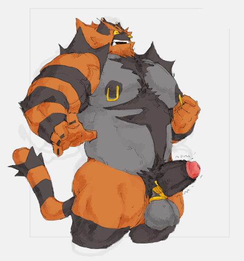 anthro balls bara boner erection furry incineroar male male_only muscles muscular nintendo nipple_piercing nude penis phosbara pokemon solo solo_male