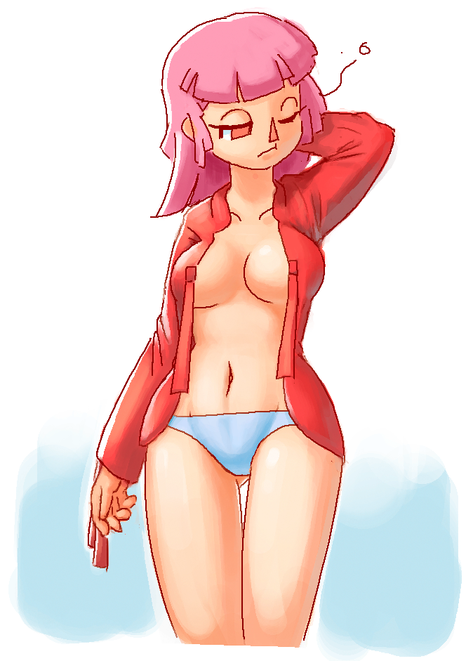 1girls animal_crossing braless emma_(animal_crossing) light-skinned_female light_skin minus8 no_pants only_player panties pink_hair red_clothing shaded shirtless villager_(animal_crossing)